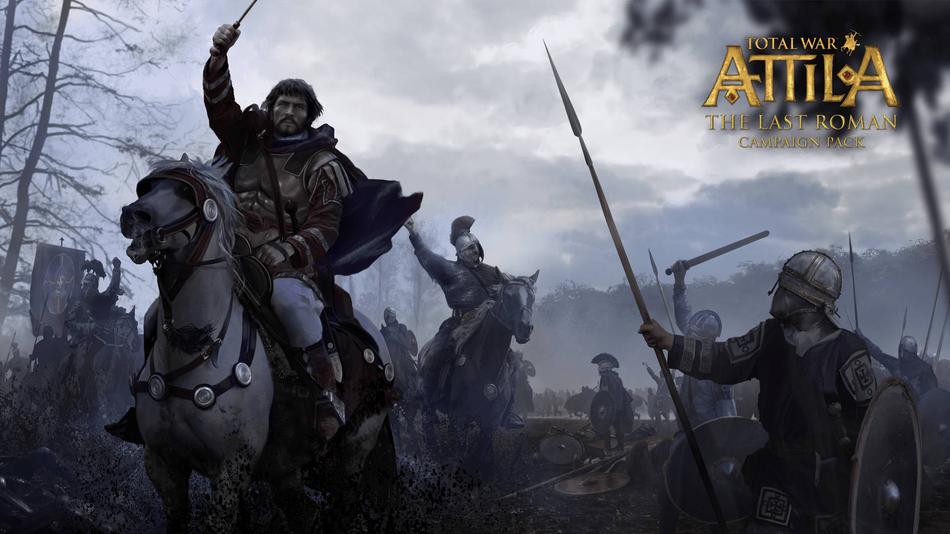 Attila 桌布 壁紙 — 《Total War Attila》中一個戲劇性的戰鬥場景，顯示了騎馬和步行的裝甲戰士衝過迷霧森林戰場。