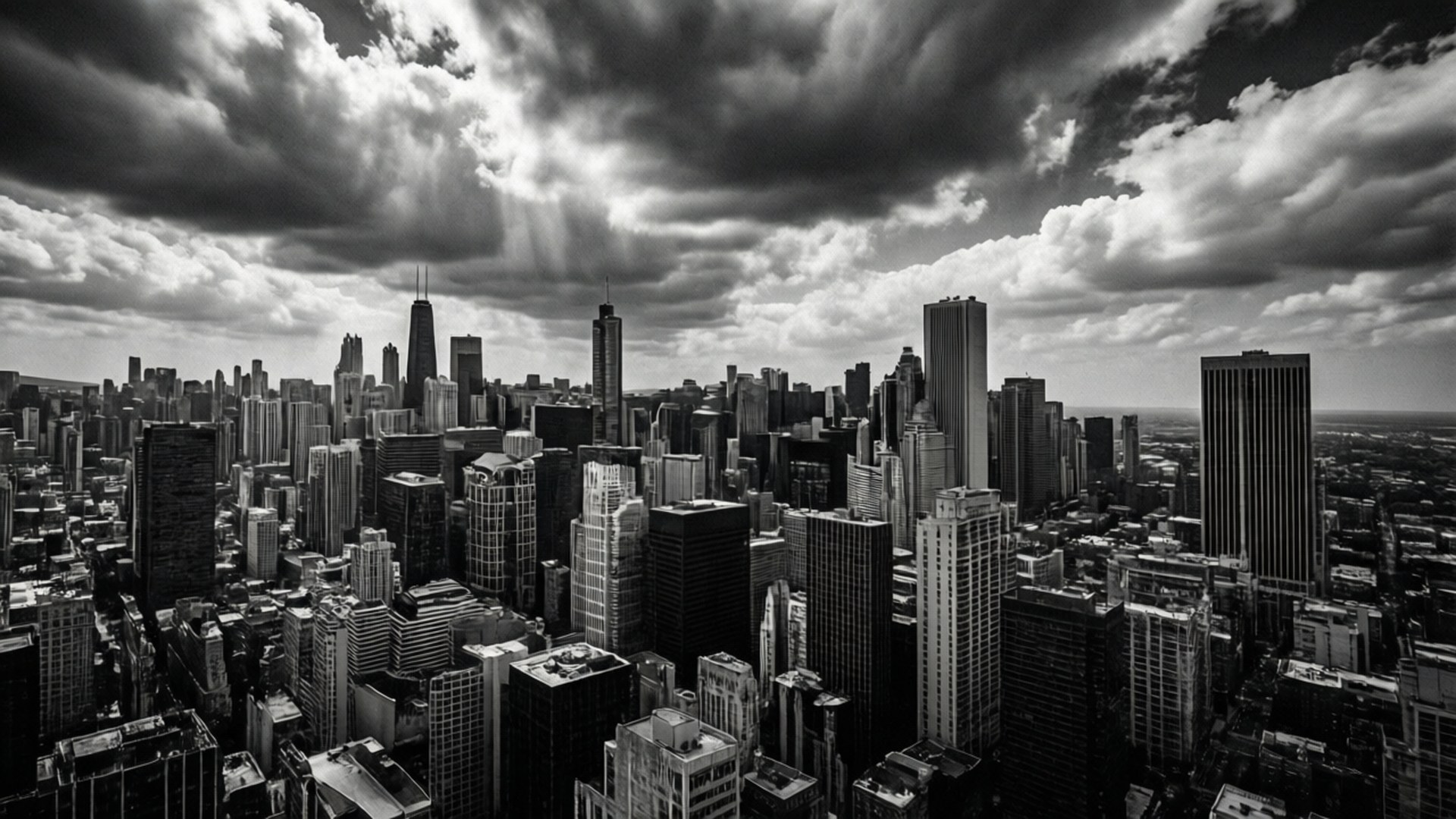 Monochrome Skyline 壁紙 — 在暴風雨的天空下，陽光穿透的密集城市天際線的戲劇性黑白空拍圖。