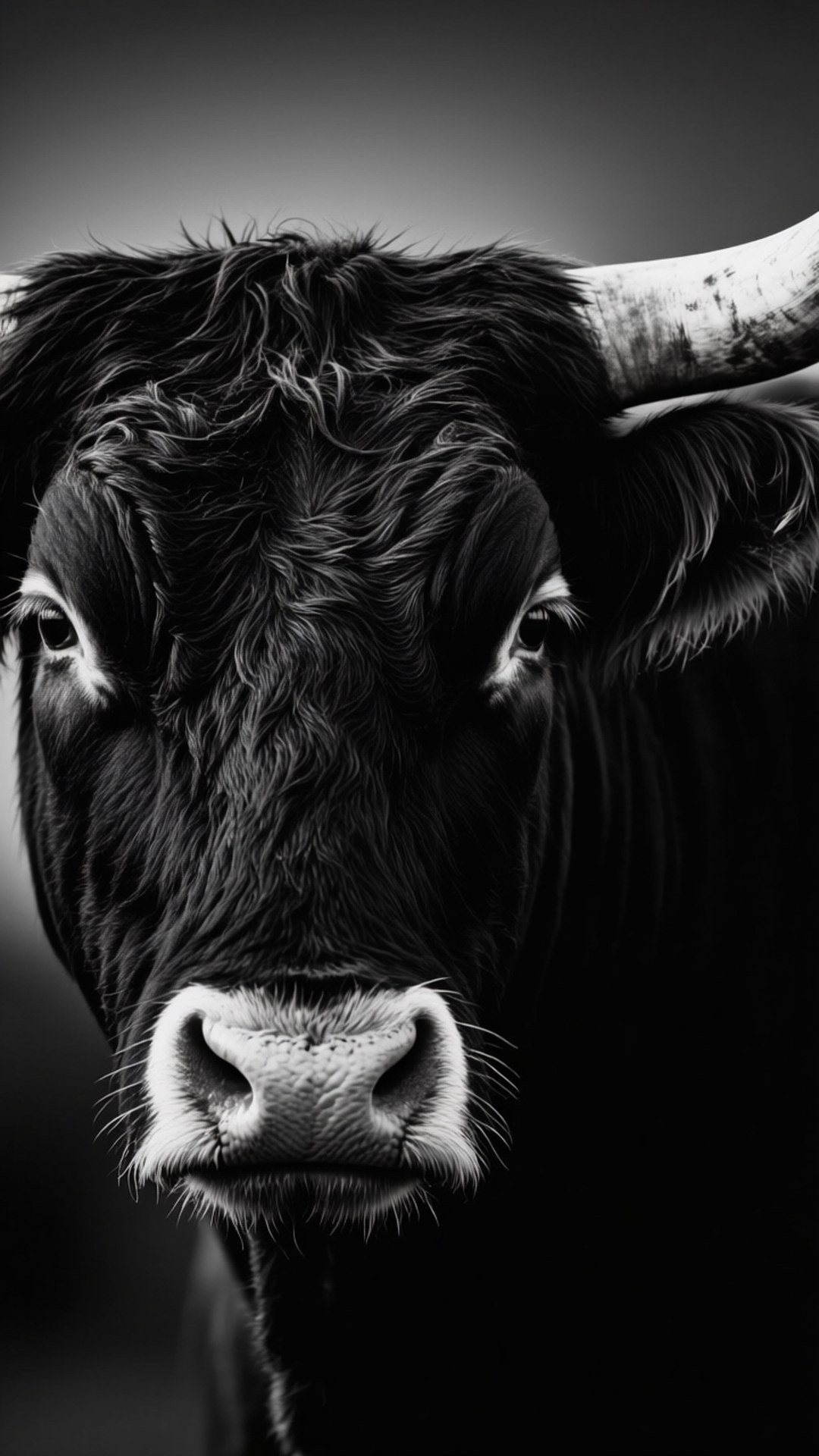 Dramatic Ox Portrait 壁紙 — 一頭高地牛的臉部黑白特寫，毛髮有紋理，角彎曲，背景為漸變色，效果戲劇化。