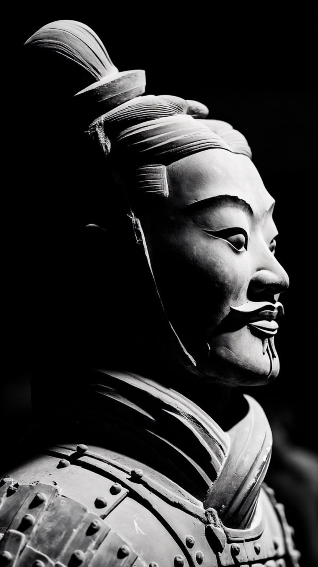 Warrior in Shadows 壁紙 — 一個戲劇性的黑白特寫，兵馬俑的頭盔頭部和裝甲肩膀，背景為深色。
