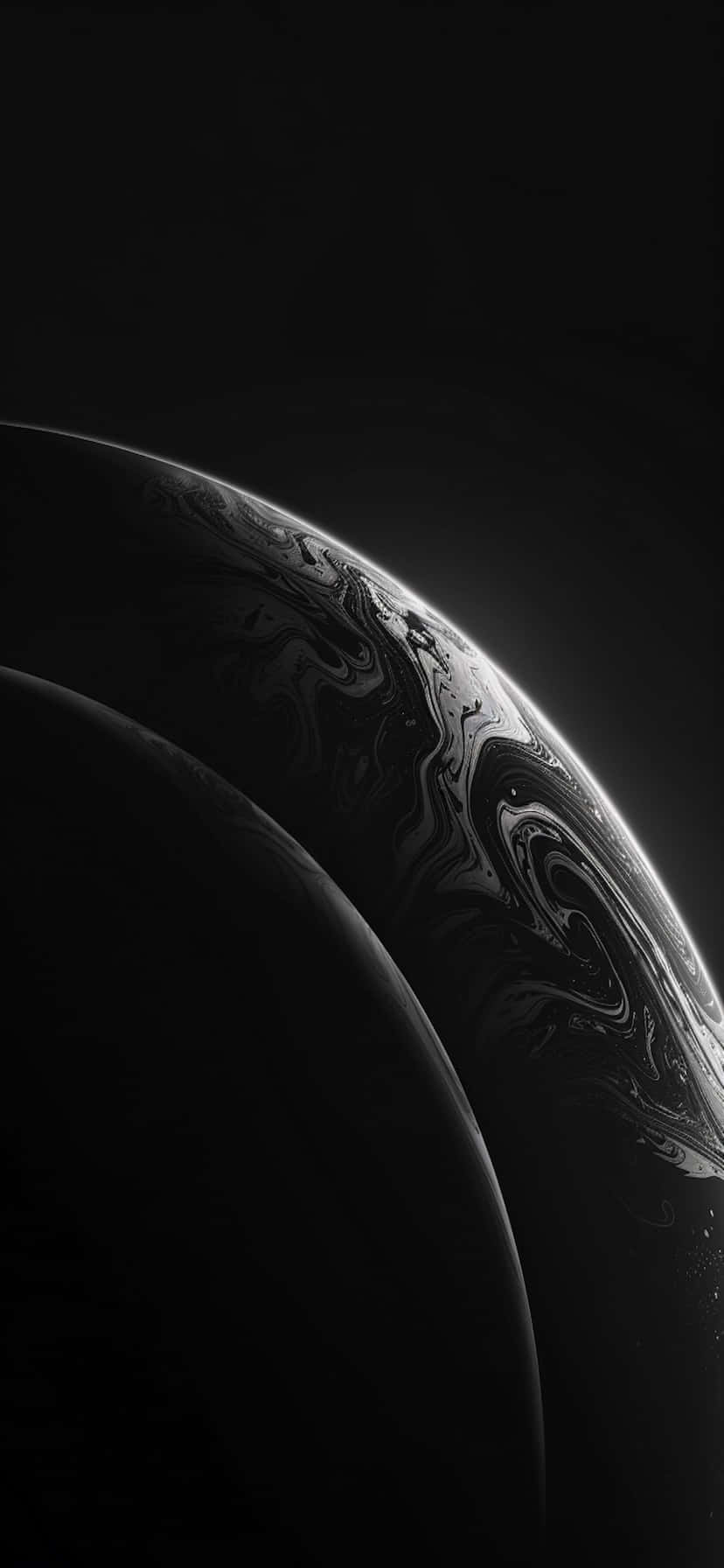  壁紙 — 一個戲劇性的黑白視角，顯示一顆旋轉行星彎曲的地平線在太空虛空中發光。