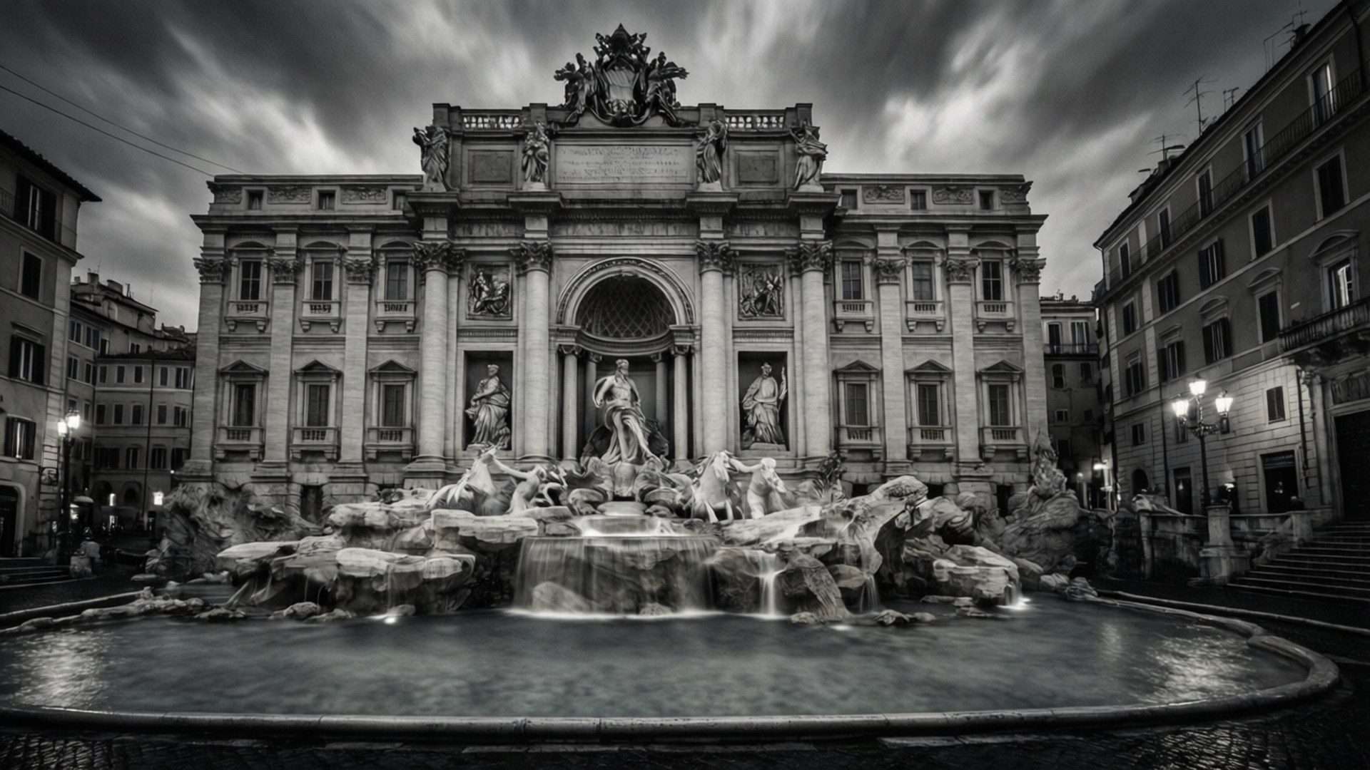 Monochrome Trevi 壁紙 — 羅馬特雷維噴泉的戲劇性黑白景觀，瀑布般的水流和華麗的雕塑在暴風雨的天空下。