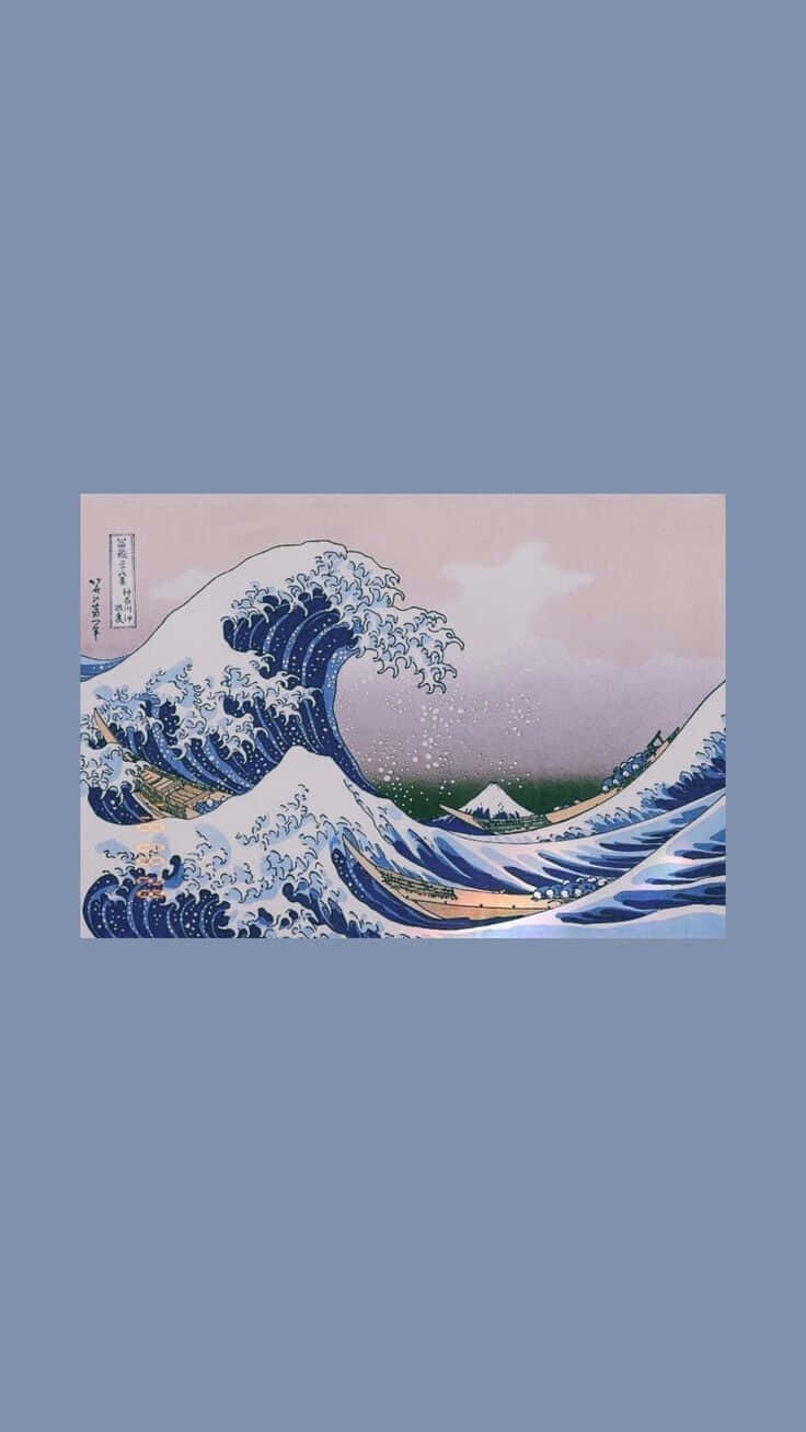 一道高聳的藍色巨浪在富士山背景下衝向船隻附近。 — Lofi 壁紙