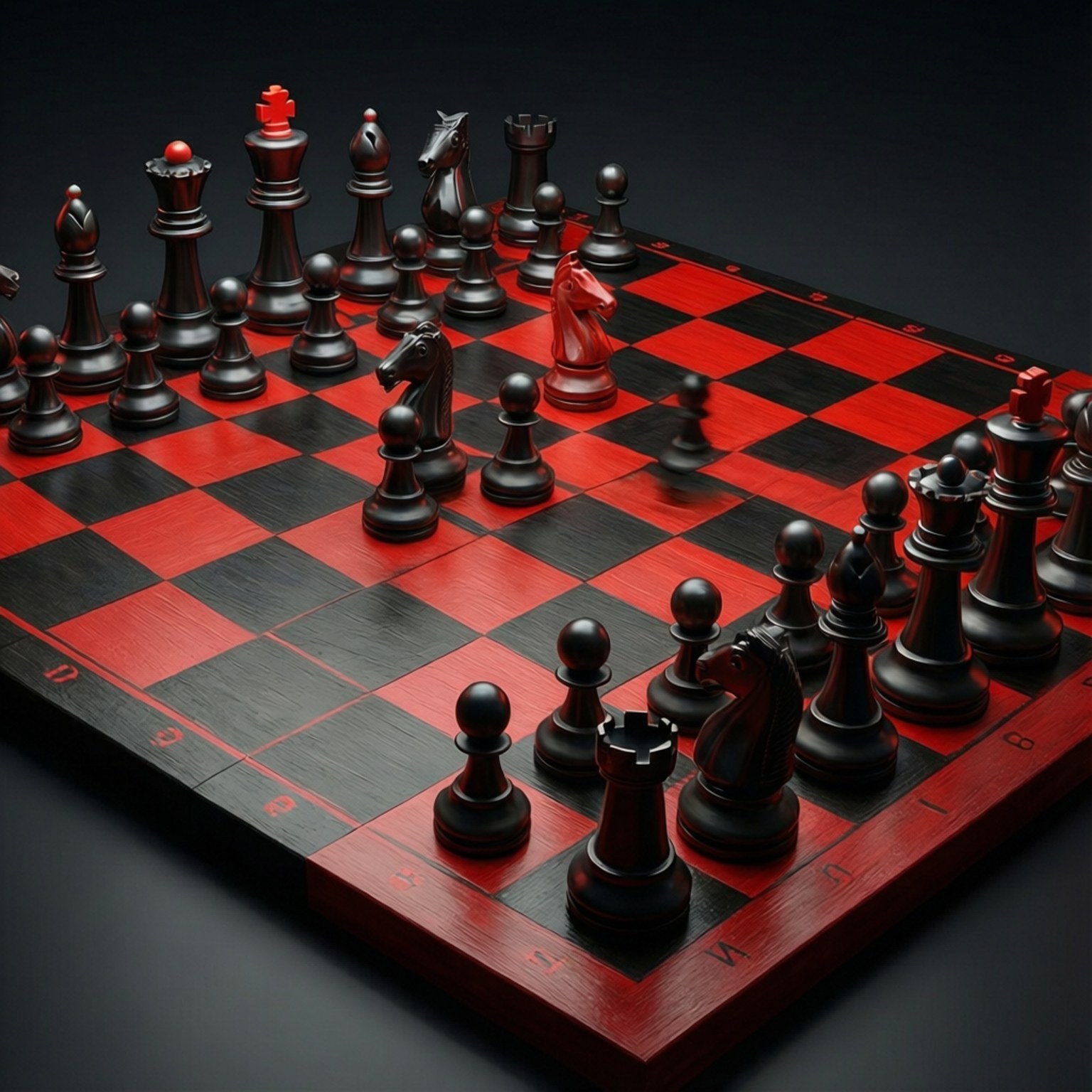 Chess Board 壁紙 — 一個戲劇性的棋盤，帶有光澤的黑色和鮮豔的紅色棋子，在聚焦的燈光下準備好進行遊戲。