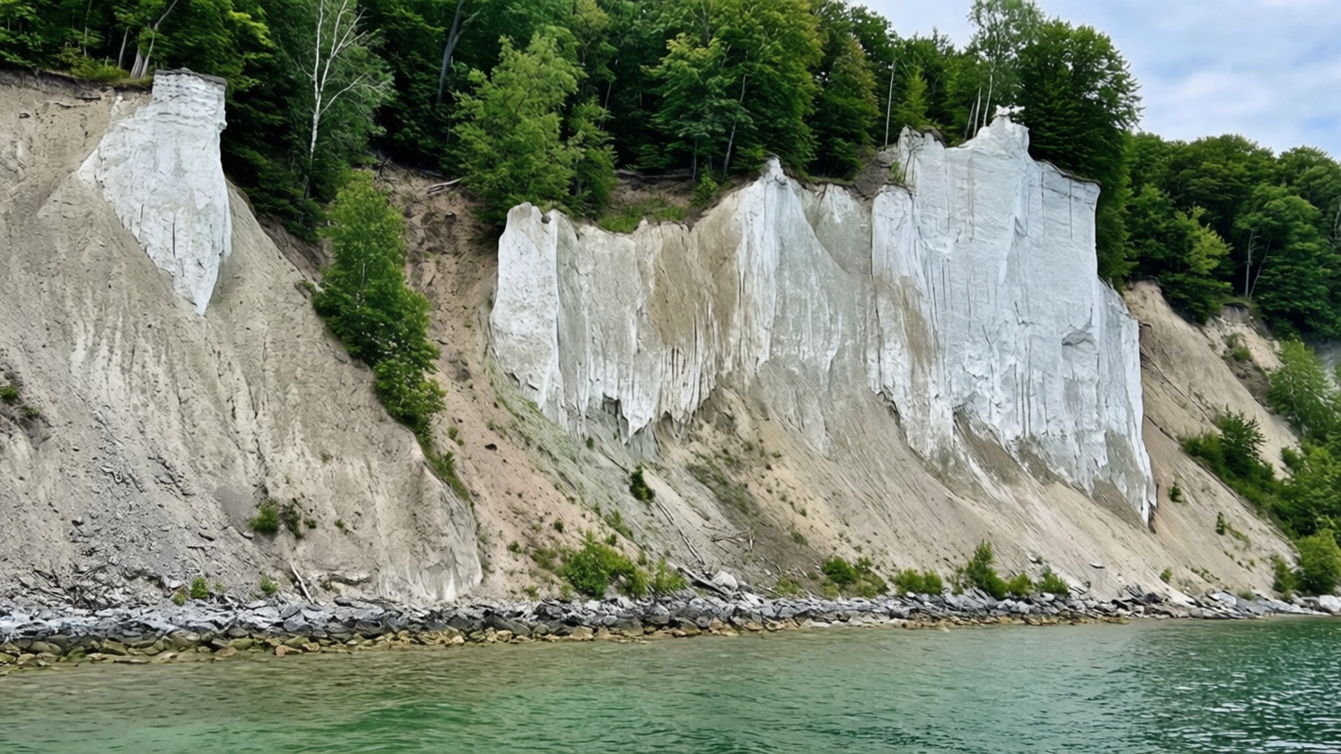 Scarborough Bluffs Vista 壁紙 — 一個戲劇性的懸崖面，帶有尖銳的白色岩石形成，從平靜的綠色水中升起，被茂密的綠色森林環繞，天空部分多雲。