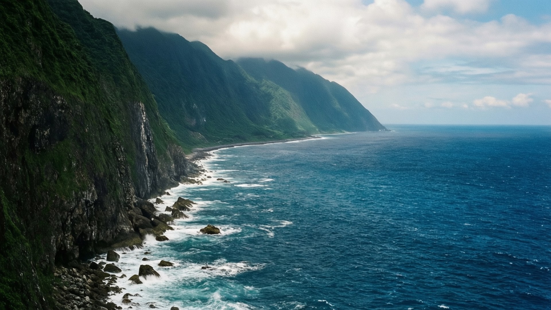 陡峭的綠色懸崖與深藍色的海浪在岩石海岸上撞擊，天空部分多雲 — 台灣 壁紙