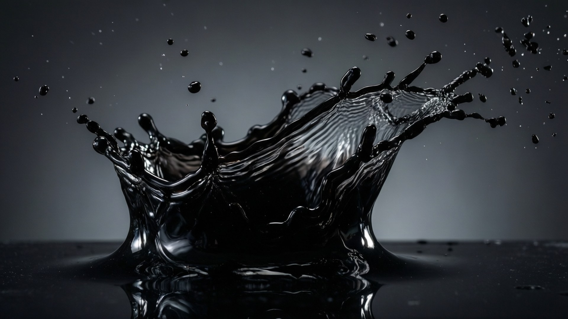 Splash of Void 壁紙 — 一個戲劇性的皇冠形狀光澤黑色液體飛濺，在灰色漸變背景上爆發，水滴懸浮在半空中。