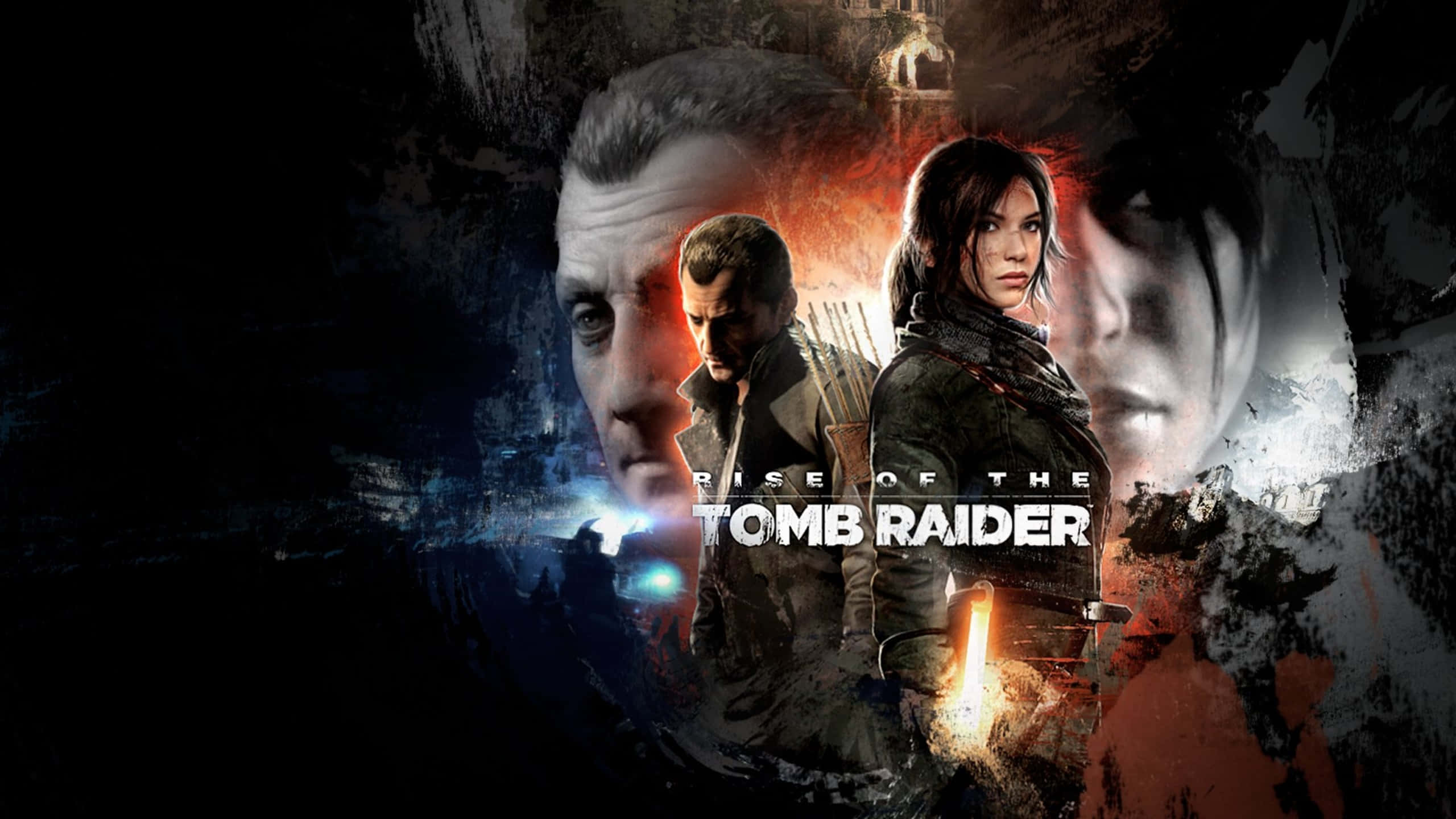1440p Shadow Of The Tomb Raider 桌布 壁紙 — 《Rise of the Tomb Raider》的戲劇性數位藝術海報，以Lara Croft和一位男性同伴為特色，背景陰暗粗糙，帶有發光的藍色和橙色點綴。
