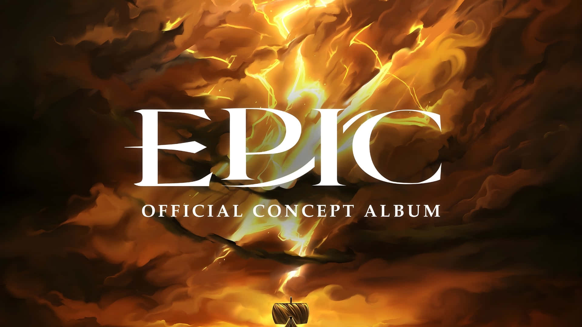  壁紙 — 一幅戲劇性的數位藝術作品，以粗體白色字母顯示「EPIC」一詞，背景是帶有閃電和下方小船的火熱暴風雨天空。