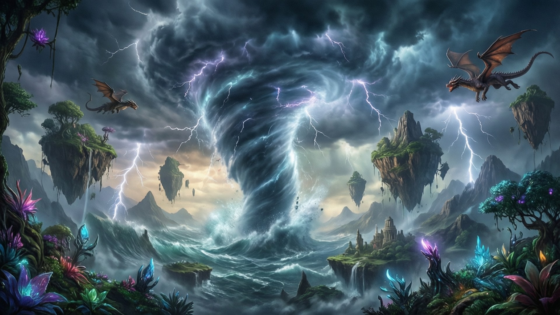Fantasy Hurricane Realm 壁紙 — 一個戲劇性的奇幻場景，有浮島、龍在暴風雨中飛翔，閃電擊中洶湧的大海。