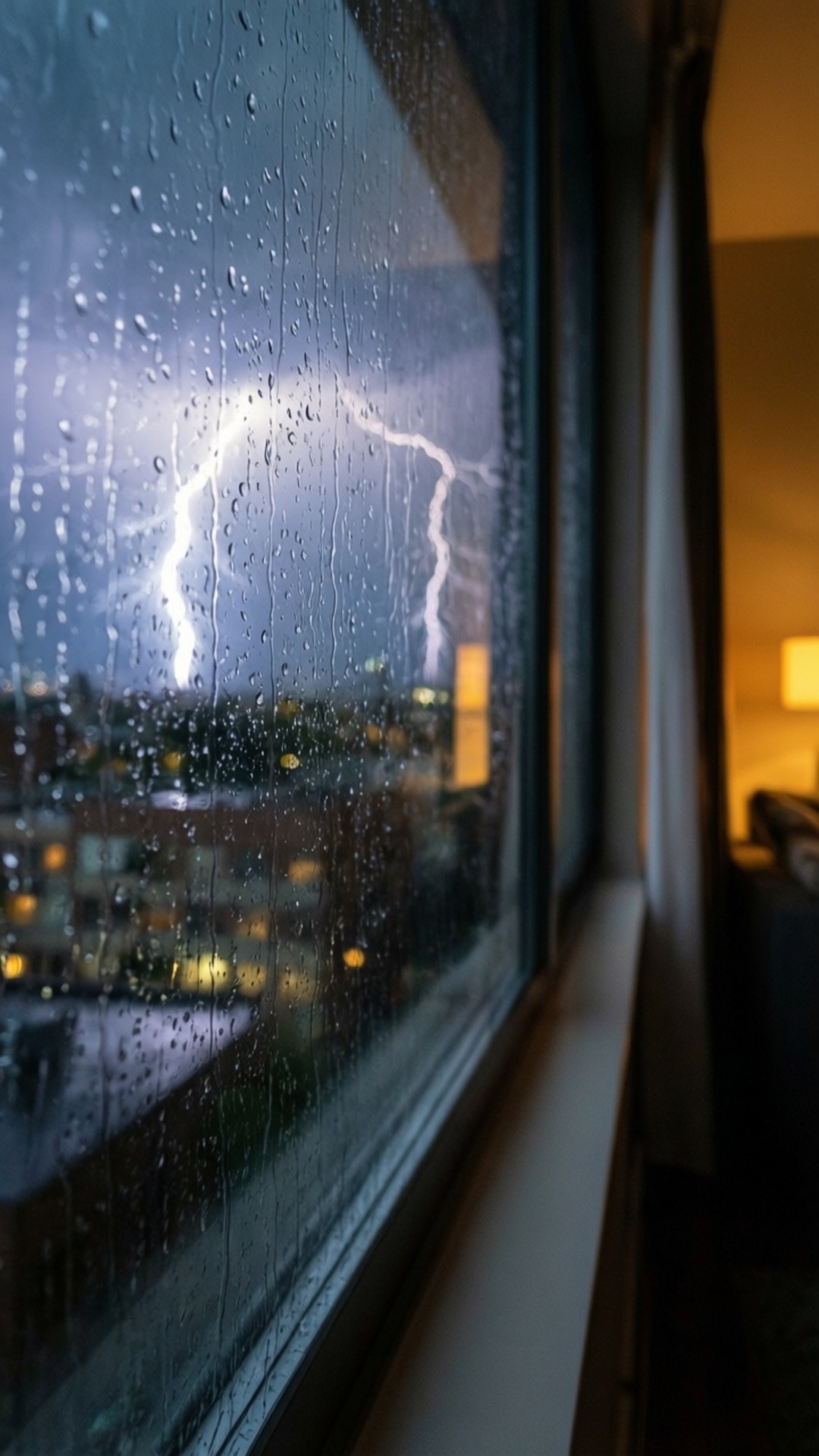 Rain on Window 壁紙 — 一道戲劇性的閃電照亮了暴風雨的夜空，透過濺滿雨點的窗戶觀看，溫暖的室內燈光與黑暗的外部形成對比。
