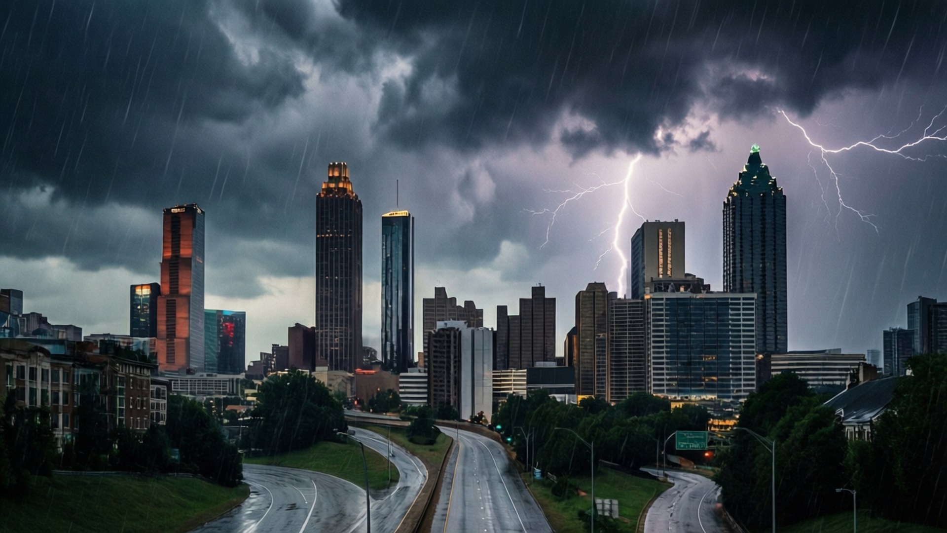 Atlanta Thunderstorm 壁紙 — 一道戲劇性的閃電照亮了被雨水沖刷的城市天際線，高聳的摩天大樓和下方濕漉漉的道路。