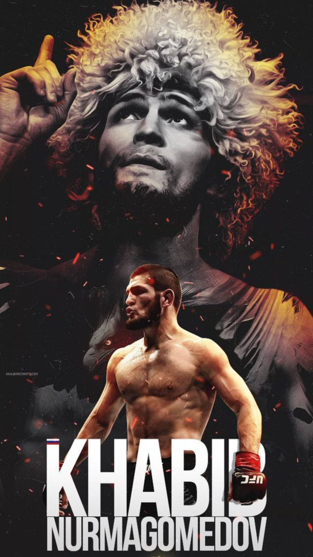 UFC 桌布 壁紙 — Khabib Nurmagomedov 的戲劇性肖像，頭髮如火，目光銳利，周圍環繞著火花和粗體文字。
