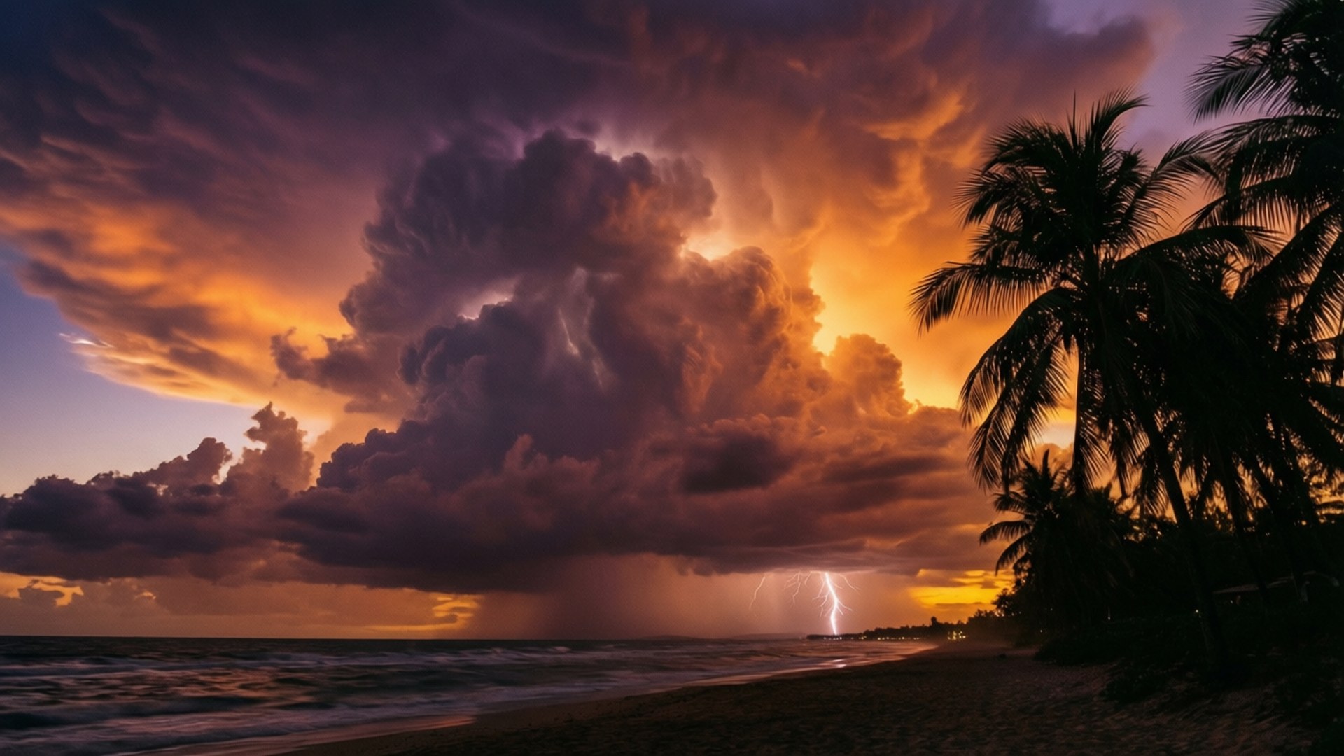 Sunset Storm Beach 壁紙 — 戲劇性的熱帶海灘日落，閃電劃過棕櫚樹上方高聳的橙色和紫色暴風雲。