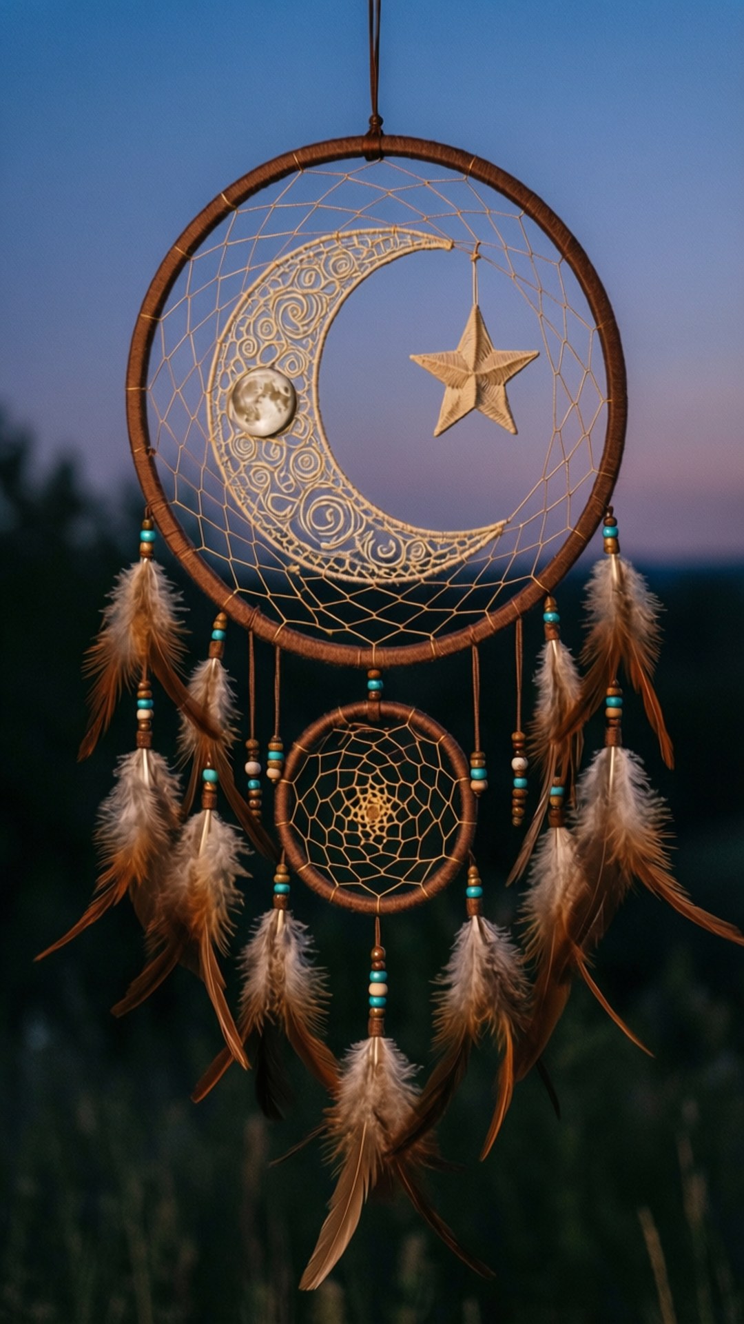 Wiccan Dreamcatcher Moon 壁紙 — 一個帶有新月和星星吊飾的捕夢網，懸掛在帶有柔和紫色和藍色色調的暮色天空中。