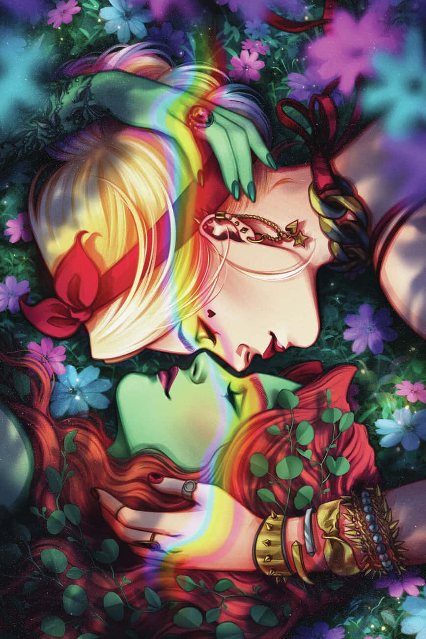  壁紙 — 一個夢幻般的動漫風格插圖，描繪兩個人物在充滿活力的花卉花園中纏繞，帶有彩虹光效。