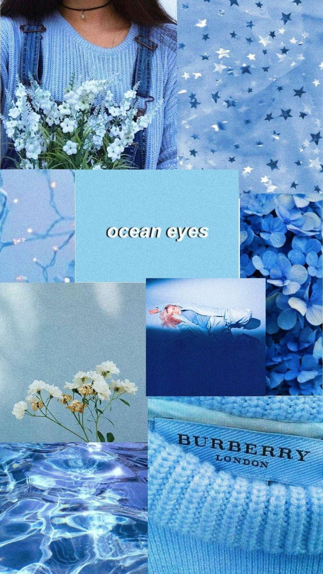 藍色拼貼畫，包含花朵、布料、星星及 ocean eyes 文字。 — iPhone X 壁紙