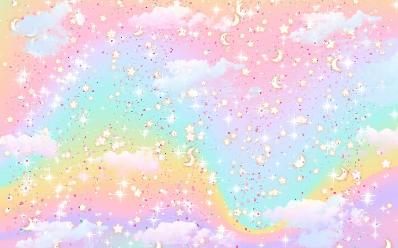  壁紙 — 夢幻魔法氛圍中，充滿閃爍星星、新月和蓬鬆雲朵的粉彩彩虹天空。