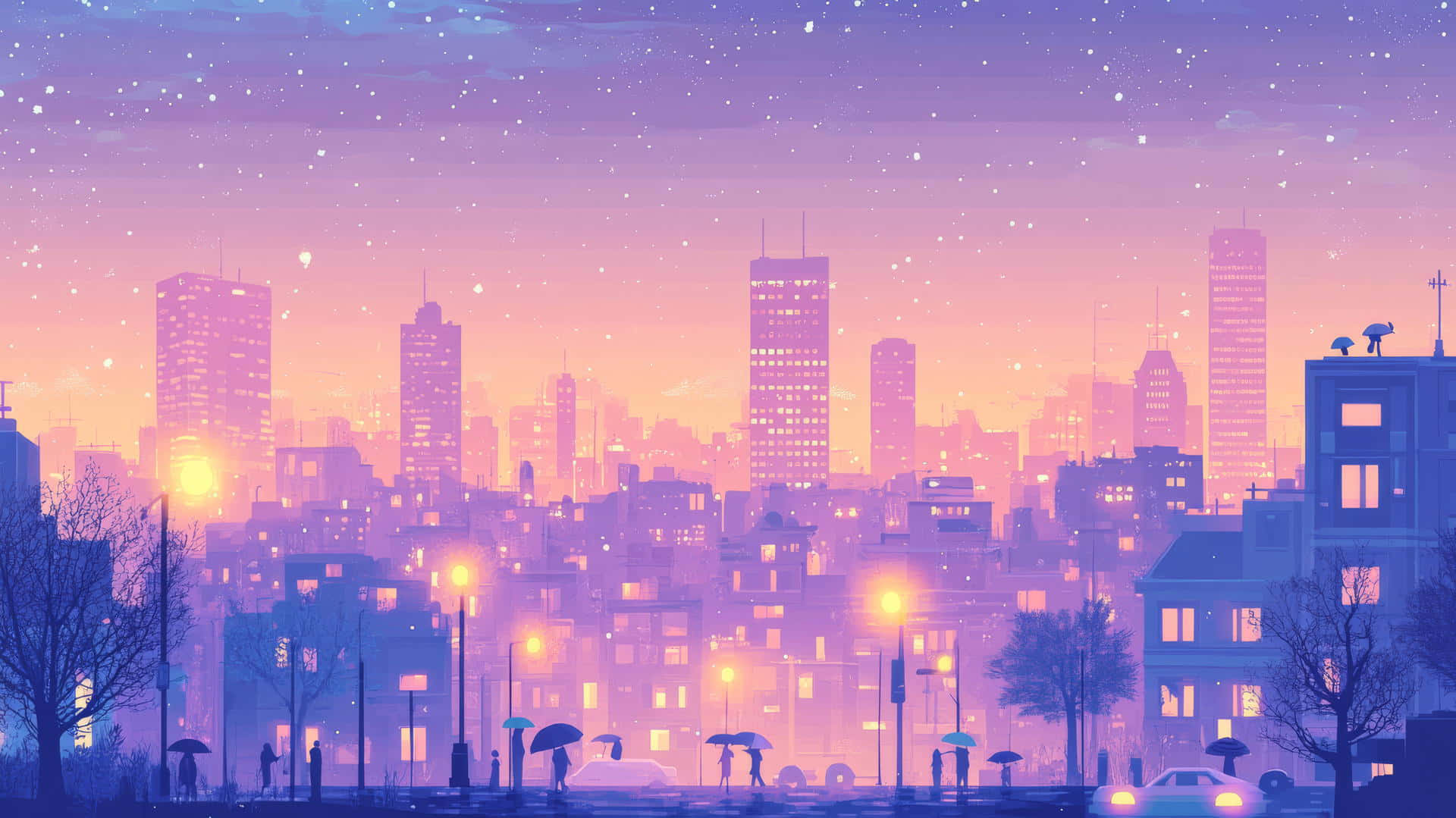 壁紙 — 黃昏時分夢幻的紫色和粉紅色城市景觀，發光的街燈和人們在飄雪下撐傘。