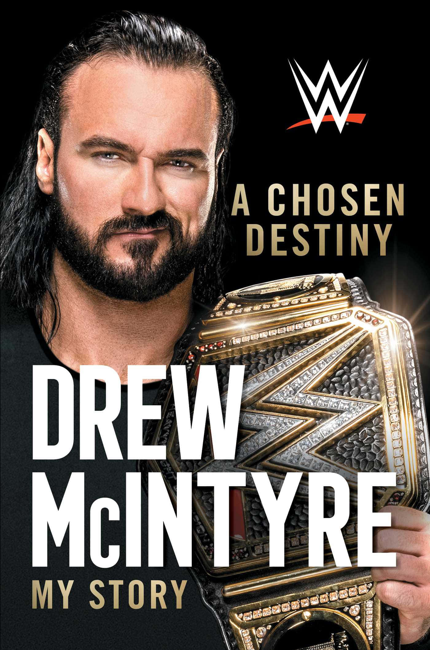 WWE 桌布 壁紙 — Drew McIntyre 在黑色背景前，手持閃亮的WWE冠軍腰帶，眼神銳利。