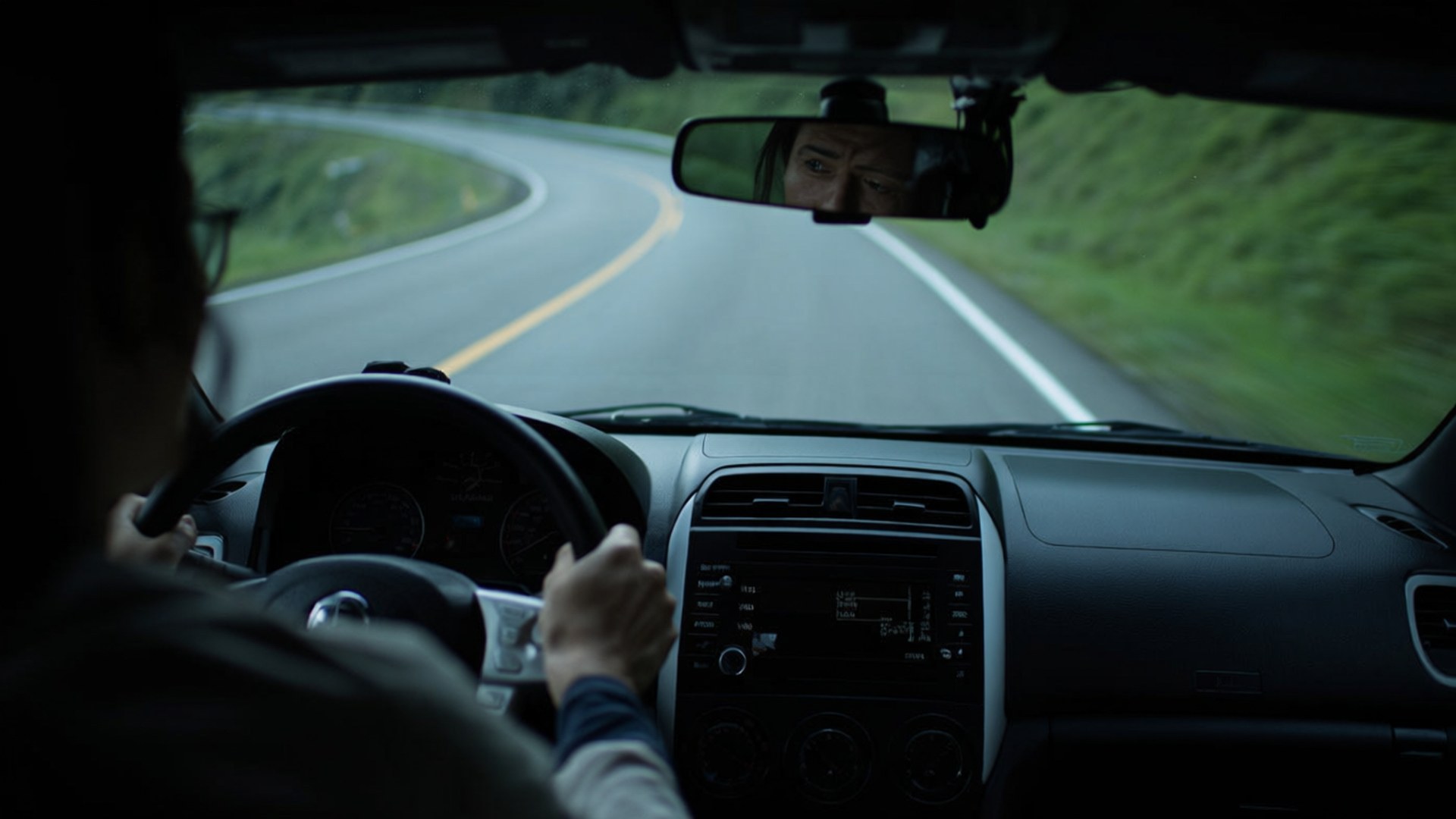Driver's Focus 壁紙 — 司機在黃昏時分握著方向盤，駕駛汽車在蜿蜒的山路上行駛，綠色的山坡模糊掠過。