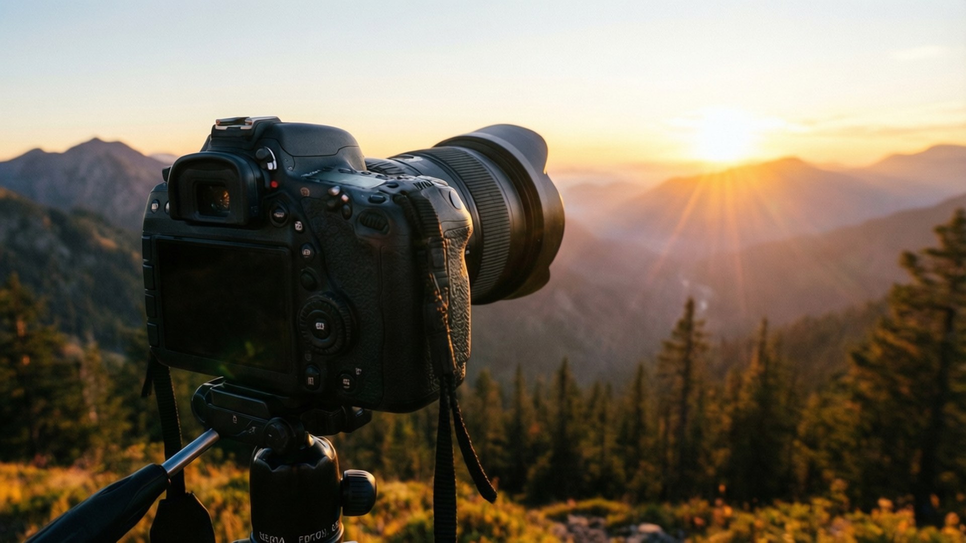 Capture the Sunrise 壁紙 — 三腳架上的DSLR相機捕捉到金色日出照耀山脊和松林。