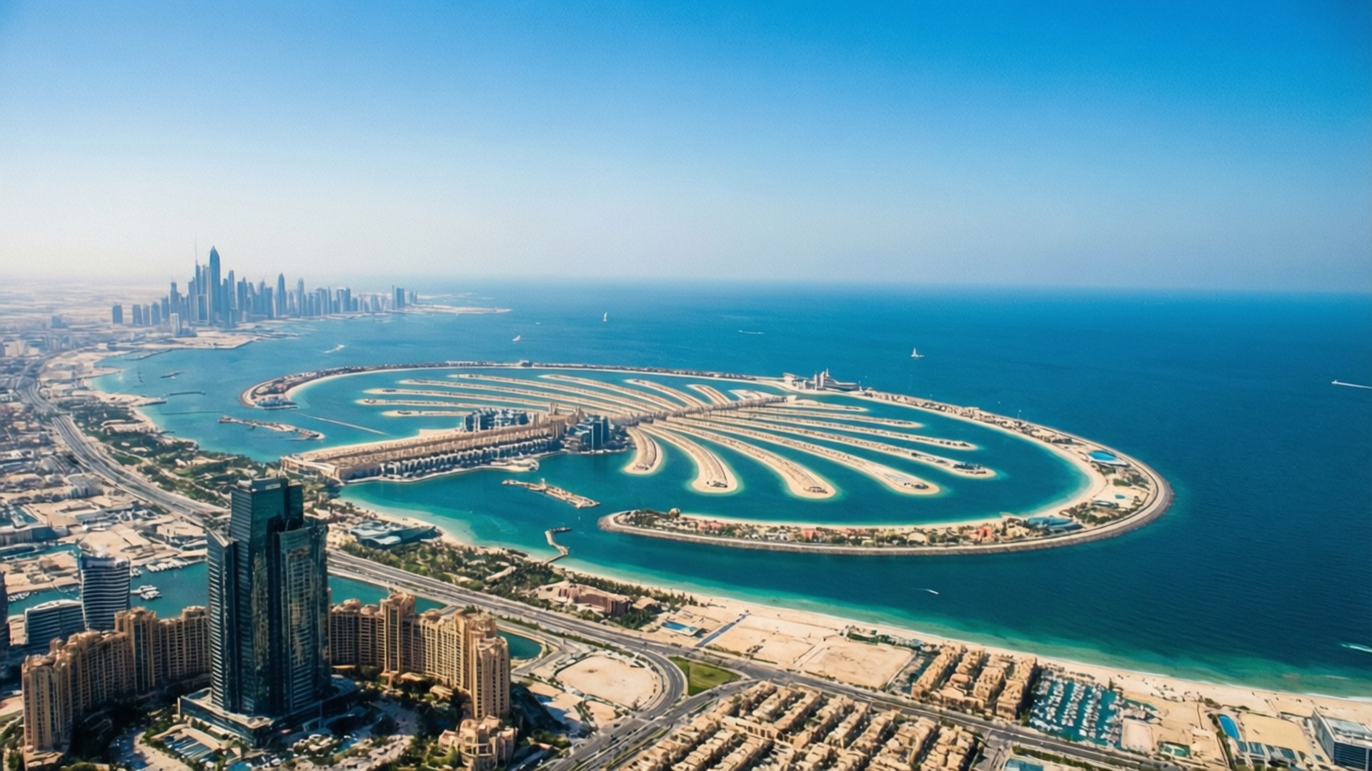 Dubai Coastline Panorama 壁紙 — 杜拜標誌性棕櫚島的鳥瞰圖，碧綠海水與現代摩天大樓在清澈藍天下。