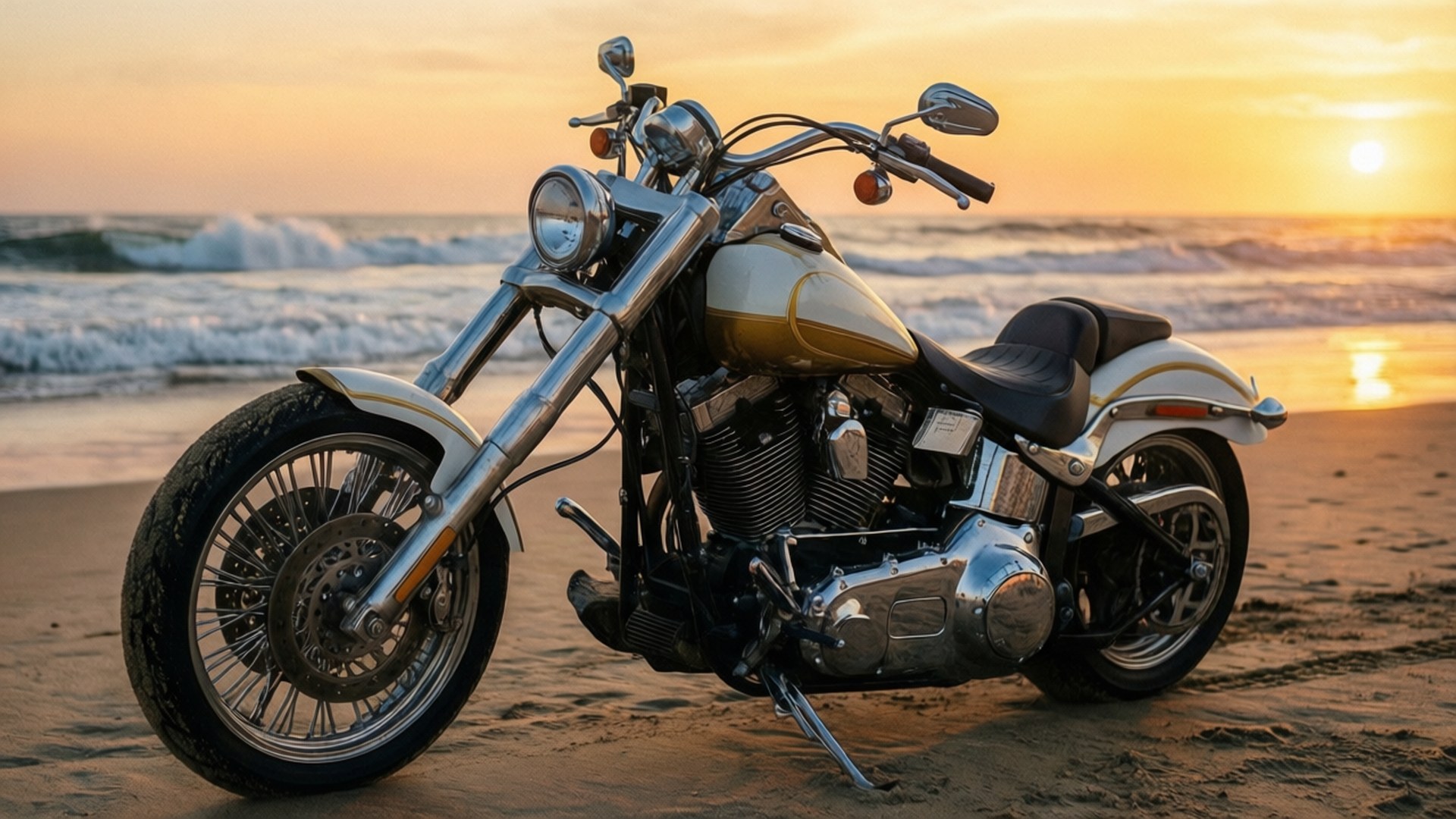 Sunset Beach Chopper 壁紙 — 一台鍍鉻機車，帶有奶油色和金色塗裝，停放在沙灘上，海浪在金色夕陽天空下拍打。