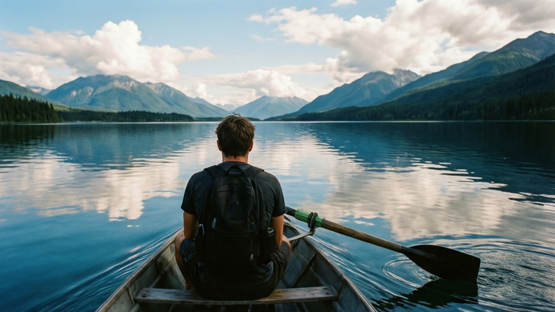 Lake Rowing Serenity 壁紙 — 一個人背著背包坐在木製獨木舟上，身處平靜的藍色湖泊，周圍是高聳的綠色山脈，天空部分多雲。