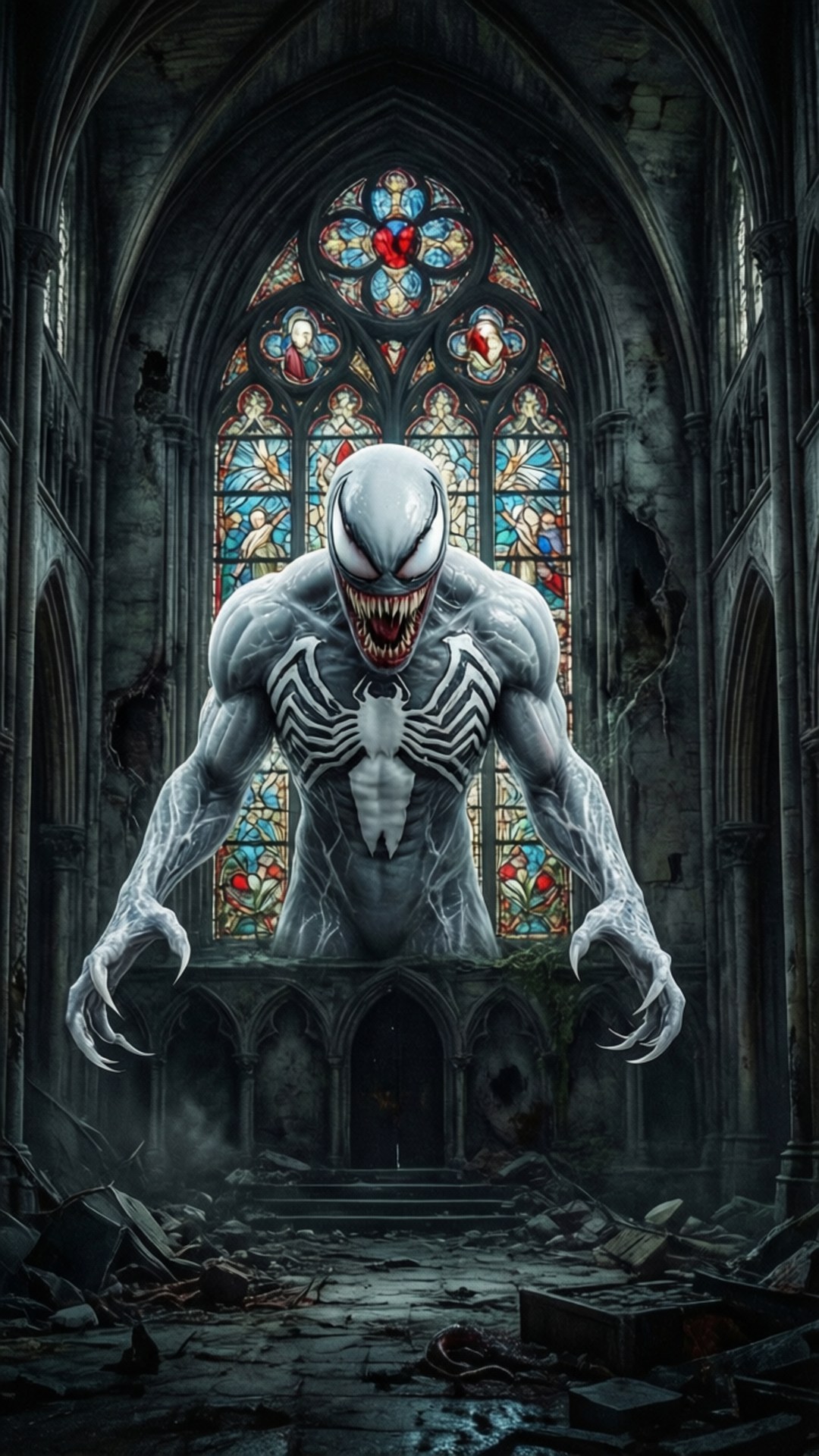 Cathedral of Symbiotes 壁紙 — 毒液在破碎的哥德式大教堂中威脅性地潛伏，身後有彩色玻璃窗。
