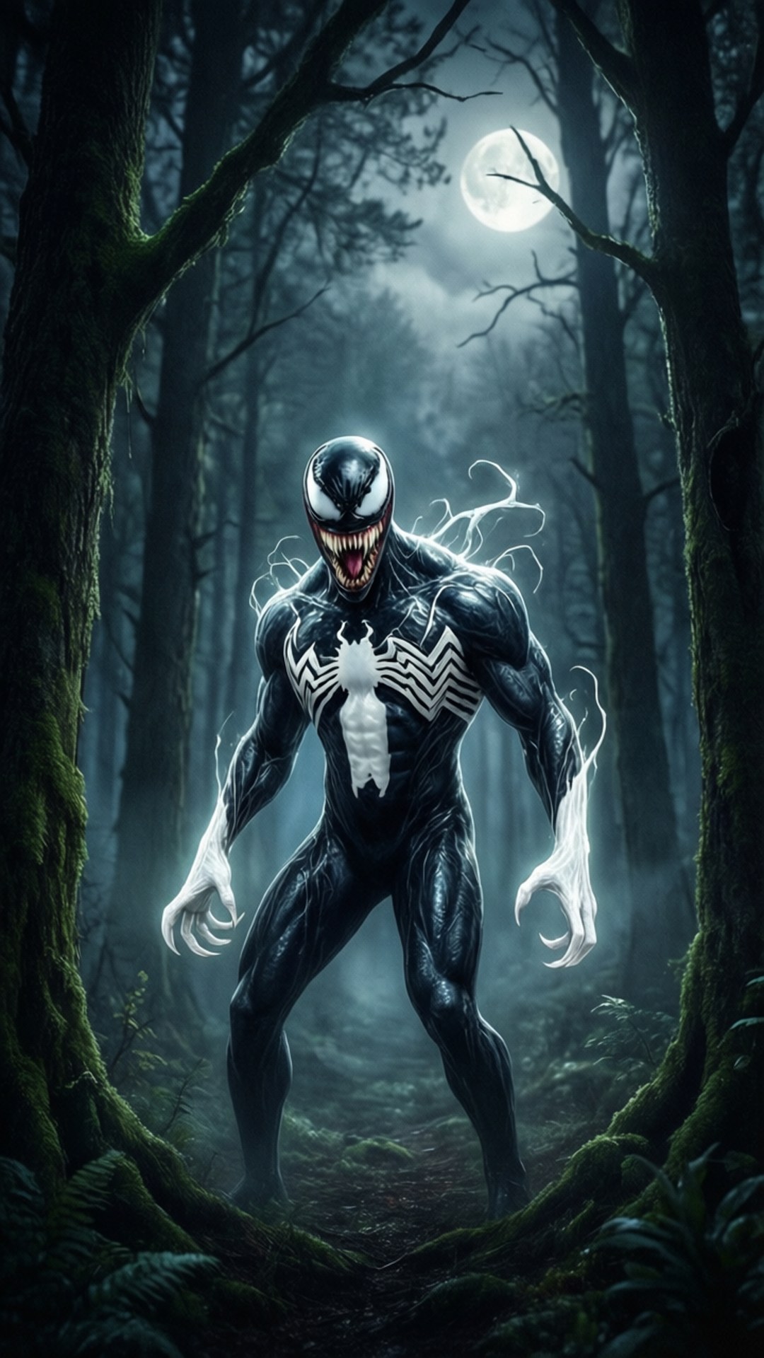 Moonlit Anti-Venom 壁紙 — 毒液在月光下的森林中威風凜凜地站立，帶有發光的白色觸手，身後是光禿禿的樹木和一輪滿月。