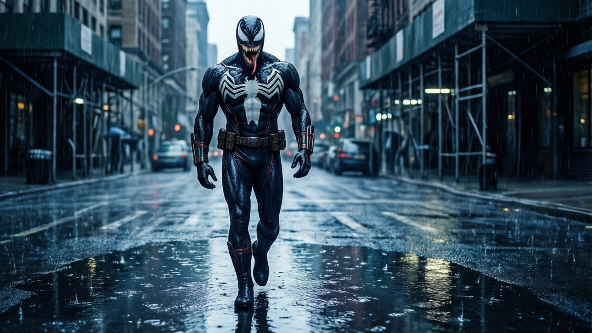 Rainy Anti-Venom 壁紙 — 毒液自信地走在濕滑的都市街道上，濕漉漉的人行道反射著城市的燈光和建築物。