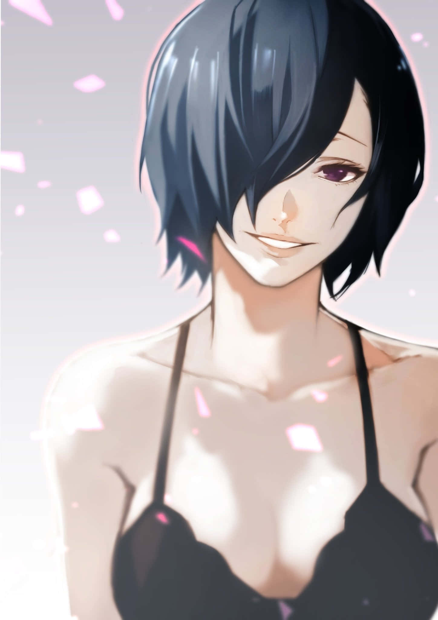 Touka Kirishima 桌布 壁紙 — 短黑髮紫眼動漫女孩在柔和光芒中微笑，粉色花瓣飄落身旁。