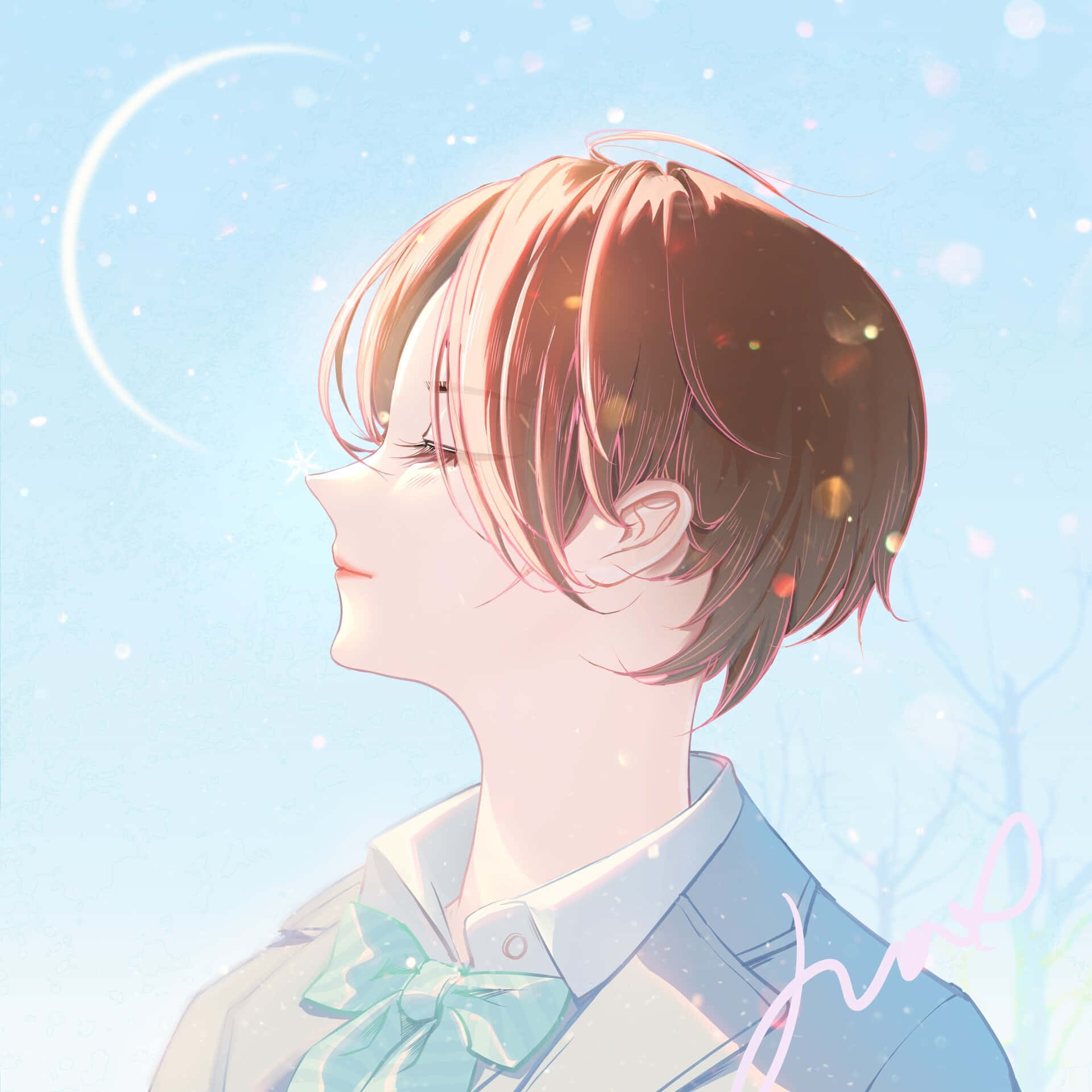 短髮藍色蝴蝶結的動漫女孩在新月下微笑。 — Pastel 壁紙
