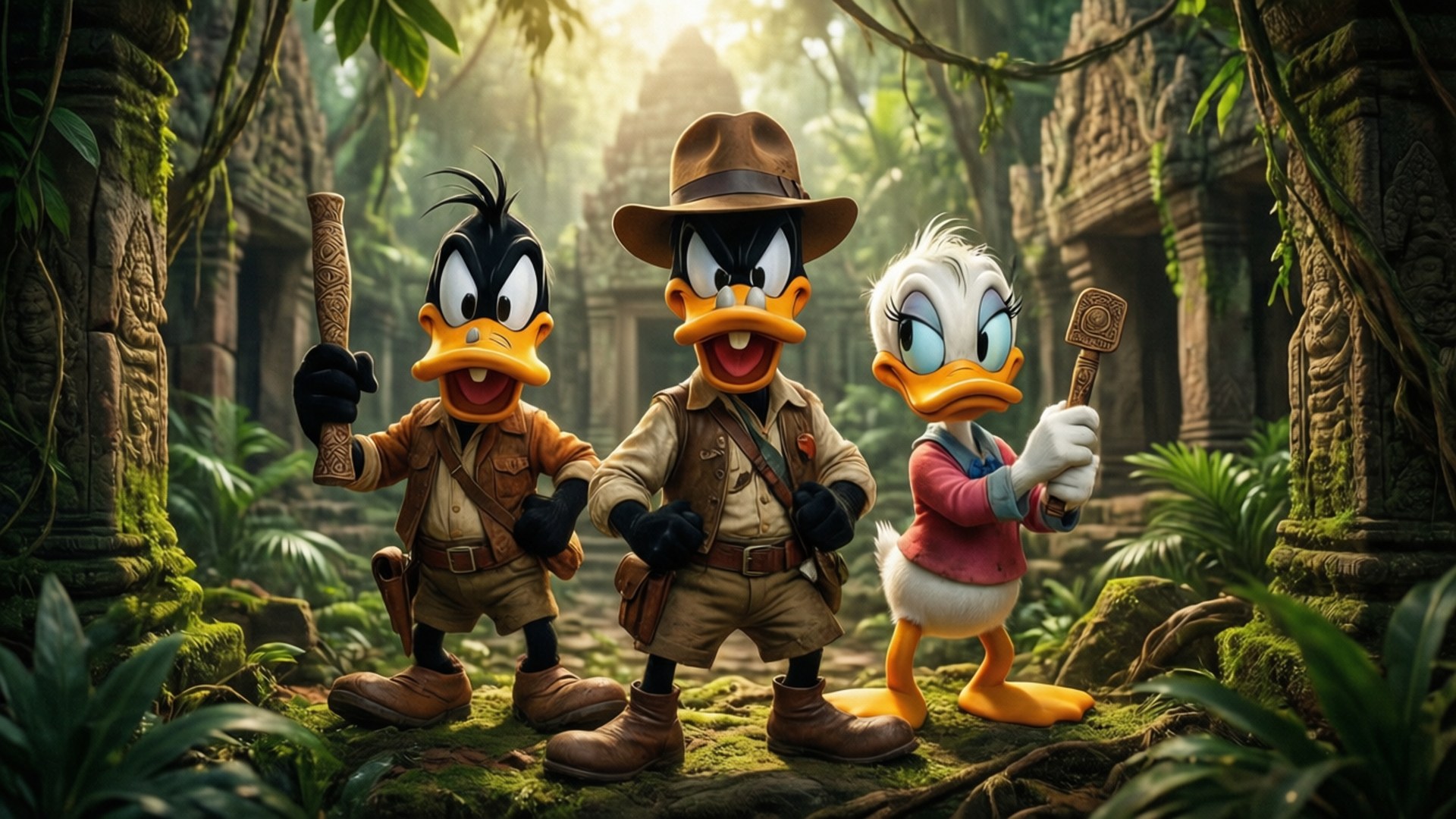 Jungle Temple Explorers 壁紙 — 探險裝備的 DuckTales 角色在陽光明媚的叢林神廟廢墟中興奮地站立，手持古代文物。