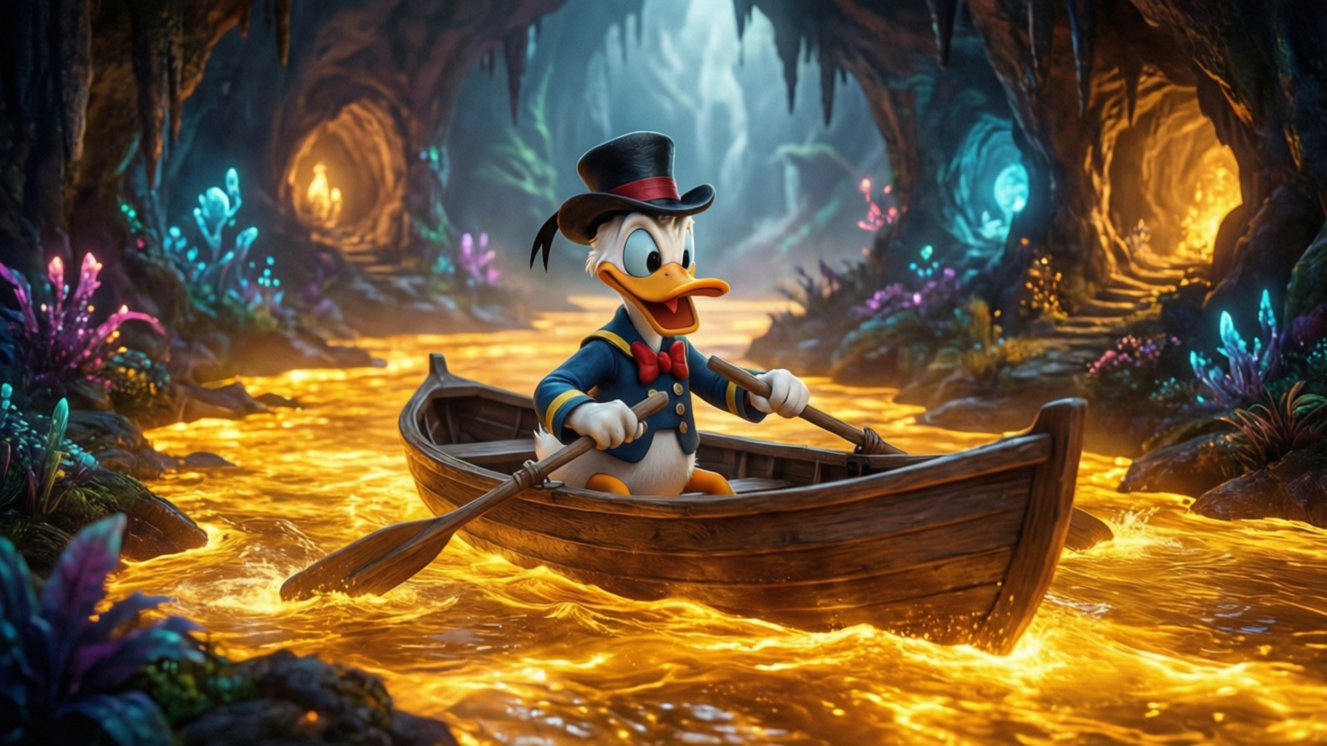 River of Gold 壁紙 — DuckTales 史高治·麥克達克在一個有發光植物和遠處隧道的神秘洞穴中，划著木船穿過一條發光的金色河流。