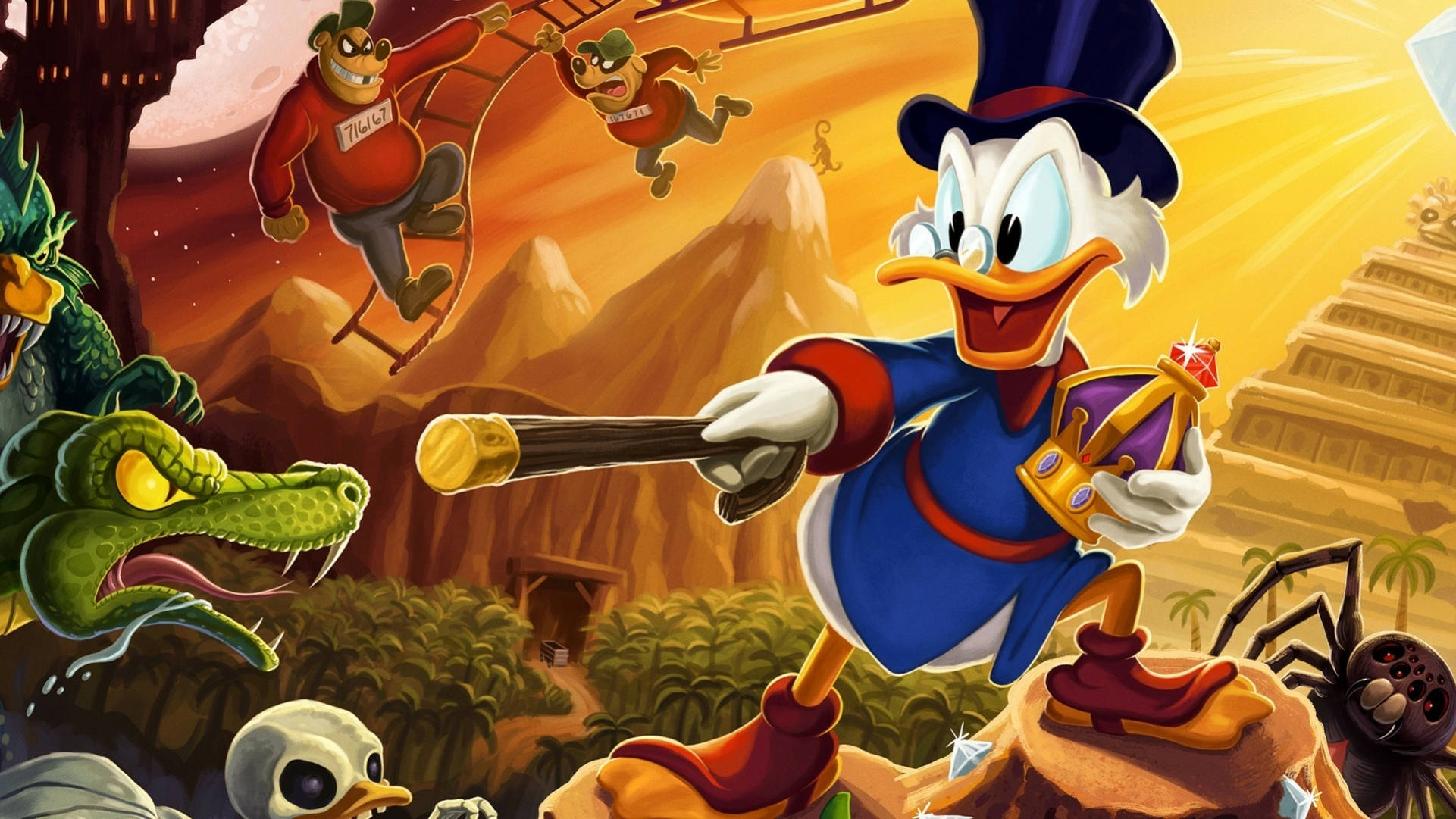 Scrooge 桌布 壁紙 — DuckTales 冒險家史高治·麥克德克在叢林神廟中勝利地站著，手持寶箱和手杖，猴子盪來盪去，鱷魚潛伏。