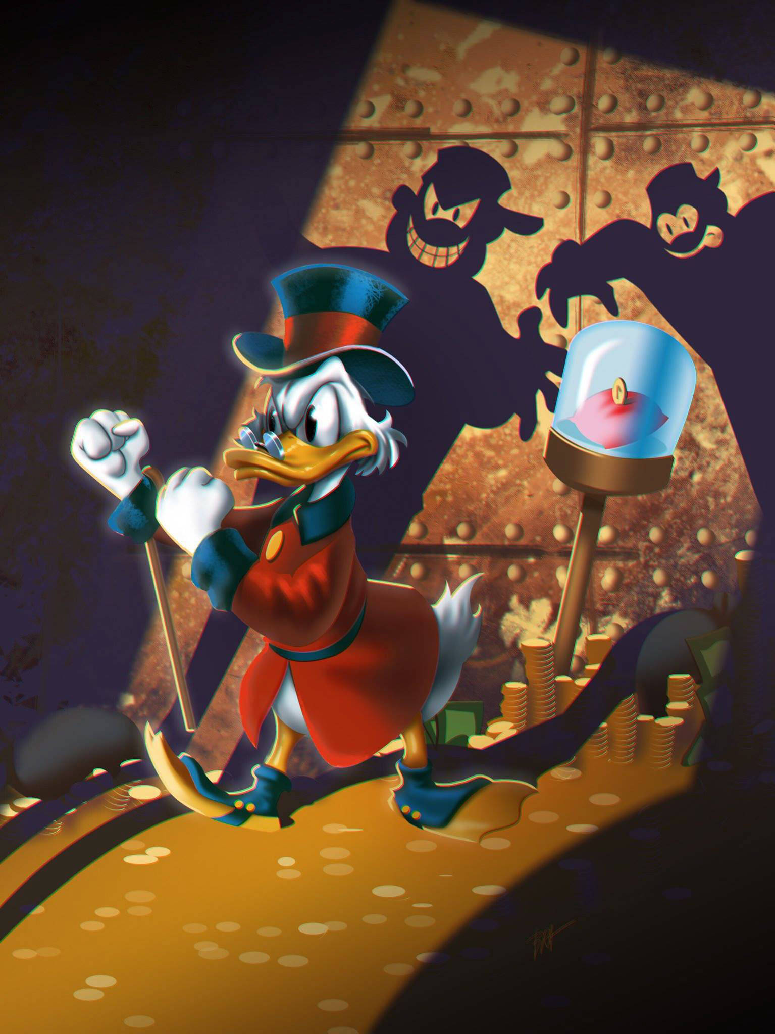Scrooge 桌布 壁紙 — DuckTales 史高治·麥克德克勝利地站在一堆金幣上，身後有威脅性的陰影，附近有一個發光的寶箱。