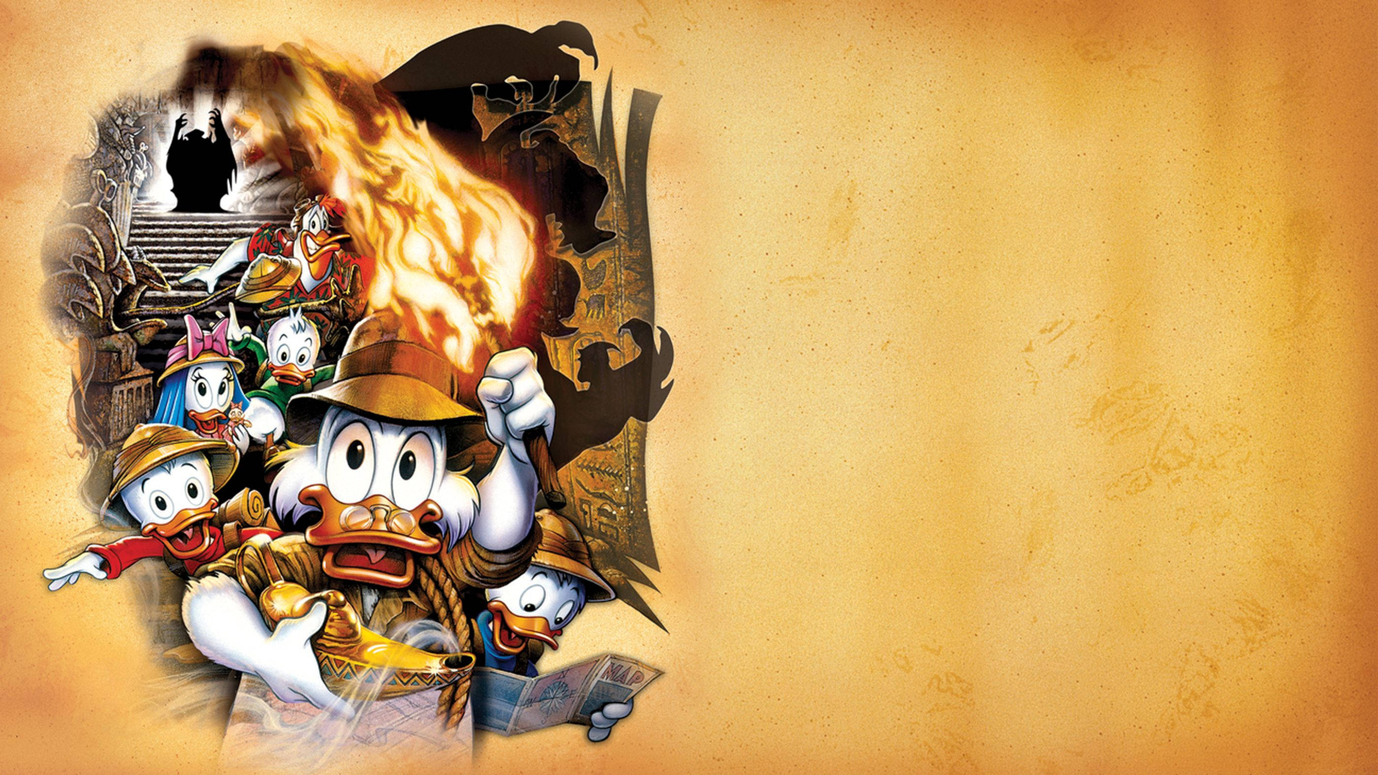 唐老鴨俱樂部 桌布 壁紙 — DuckTales 團隊帶著火炬和寶藏，以冒險卡通風格衝破羊皮紙。