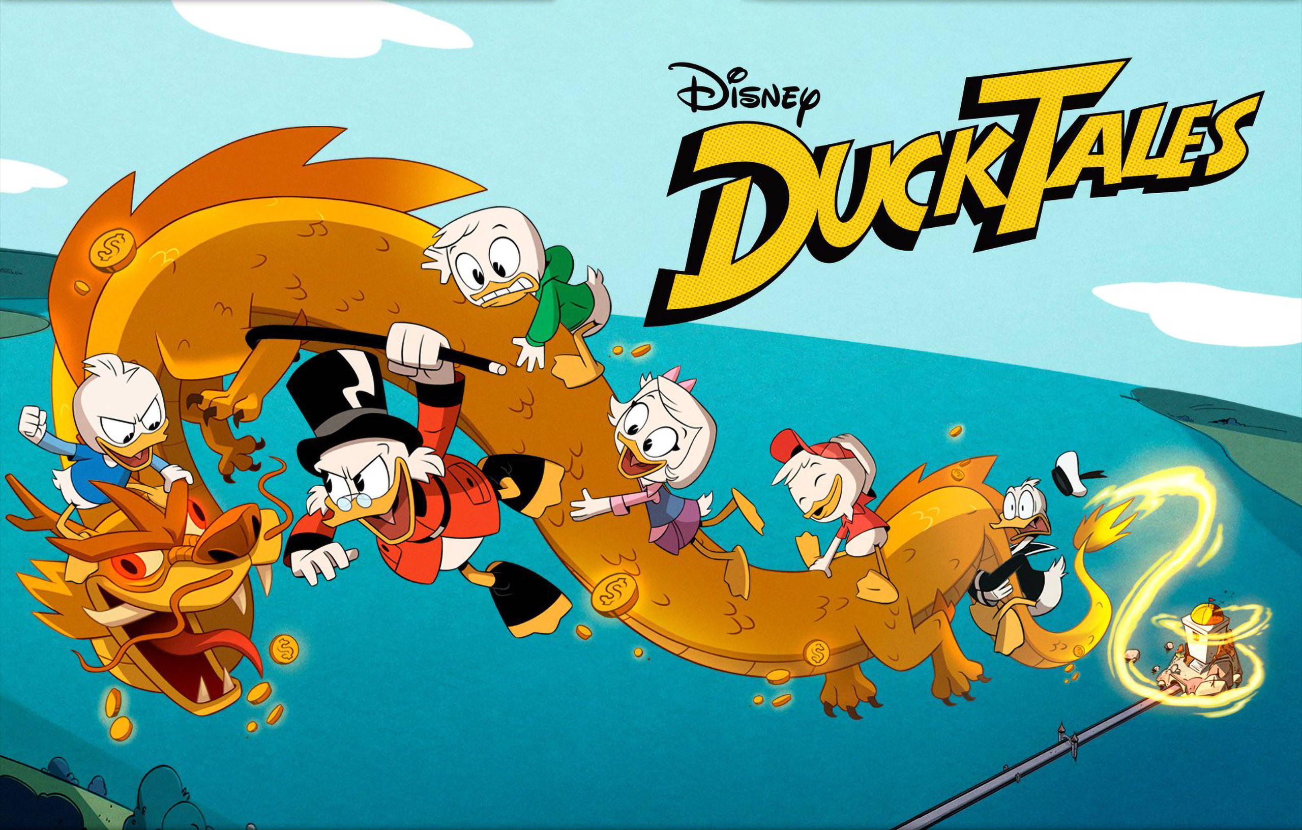 唐老鴨俱樂部 桌布 壁紙 — DuckTales 幫騎著一條金龍穿過明亮的藍天，到處都有硬幣飛舞。