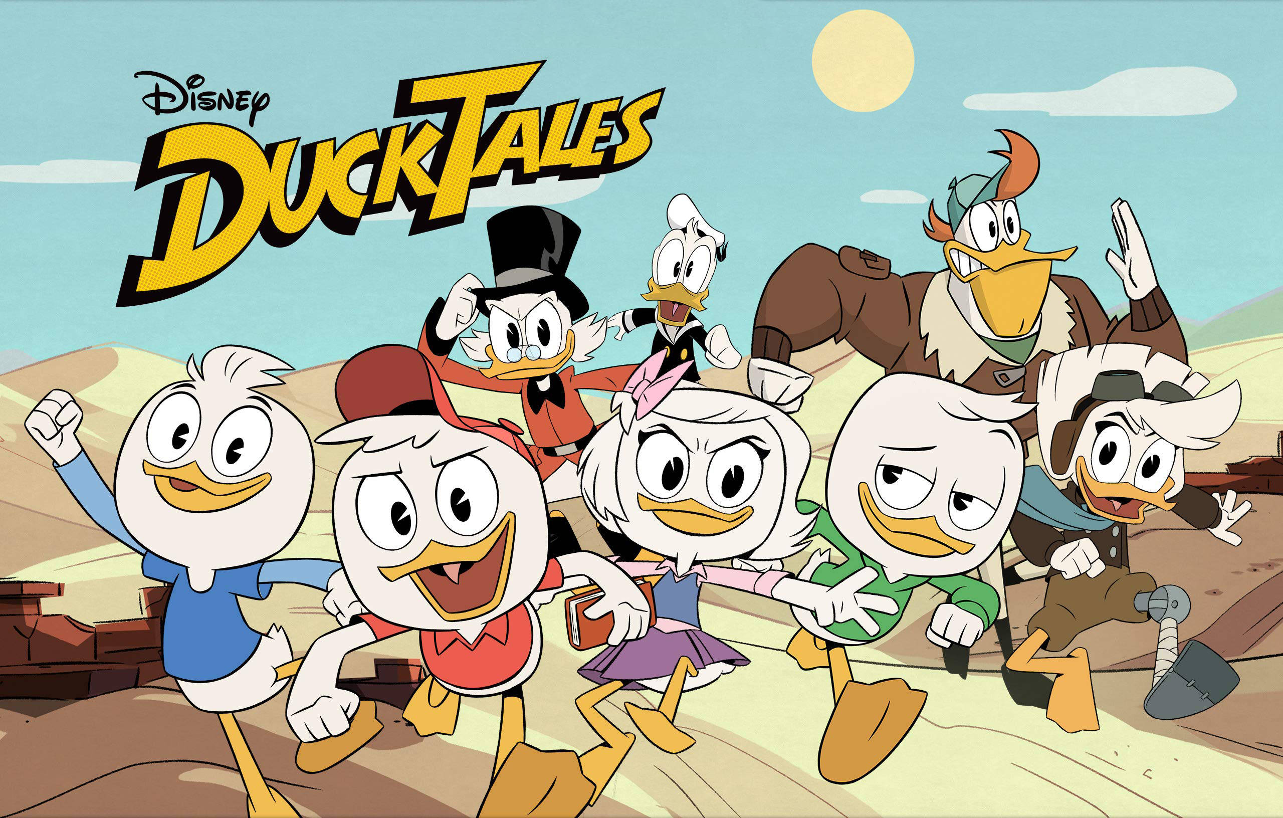 唐老鴨俱樂部 桌布 壁紙 — DuckTales 的團隊在烈日下開心地跑過沙漠景觀，上面有節目的標誌。