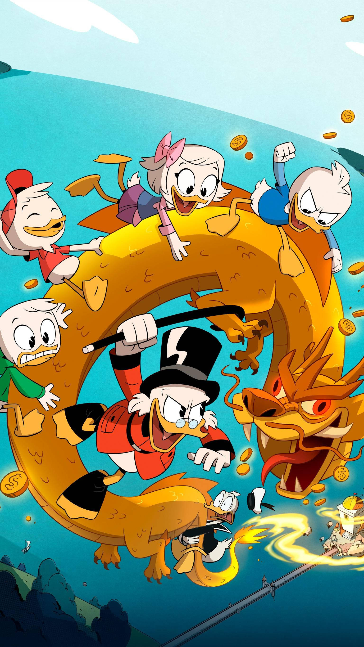 Scrooge 桌布 壁紙 — DuckTales 的夥伴們開心地騎著一條金龍，在金幣四處飛舞的明亮藍天中奔馳。