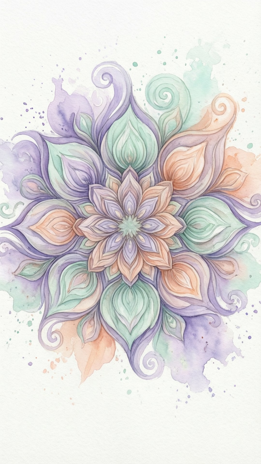 Pastel Dream Mandala 壁紙 — 一個對稱的水彩曼陀羅，帶有薰衣草薄荷和蜜桃色調的分層花瓣，在紋理白色背景上。