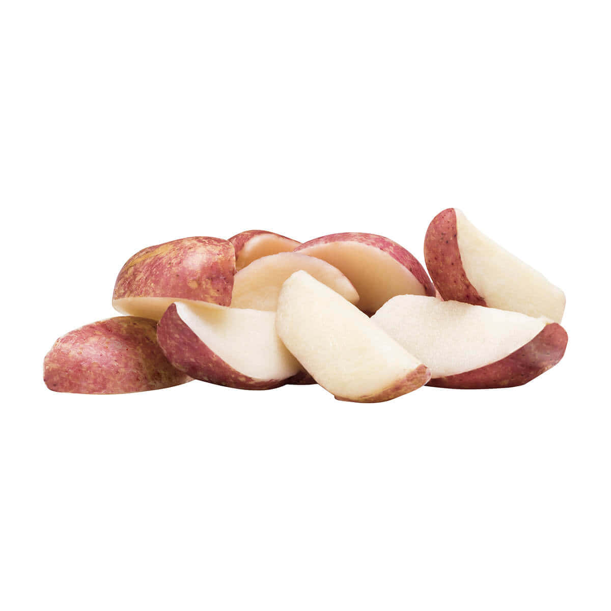 Red Potatoes 桌布 壁紙 — 一堆紅皮馬鈴薯，部分切開，露出奶油白色的內部，襯托在純白背景上。
