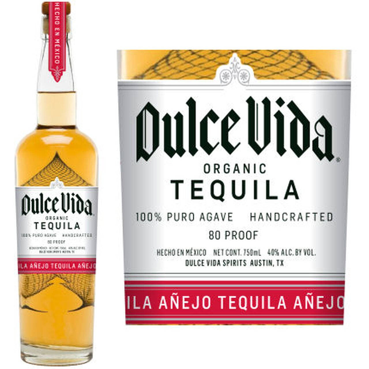 cocktail 桌布 壁紙 — Dulce Vida Organic Añejo Tequila 的瓶子和標籤，在潔白背景上展示金色液體和優雅字體。
