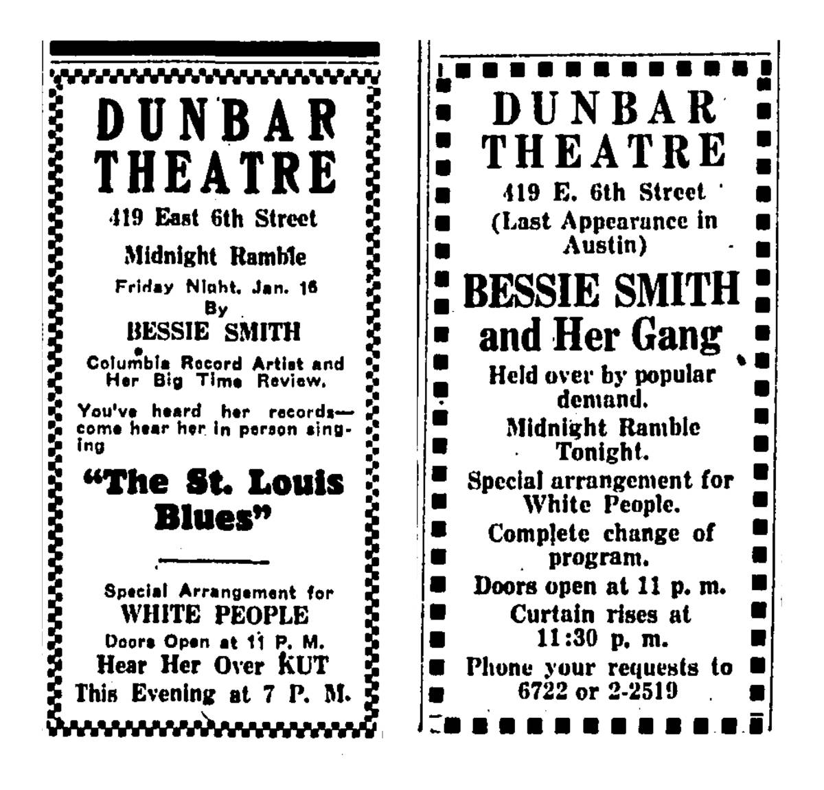 Retro 桌布 壁紙 — Dunbar Theatre 的 Bessie Smith 音樂會復古黑白報紙廣告，採用粗體字型和虛線邊框。