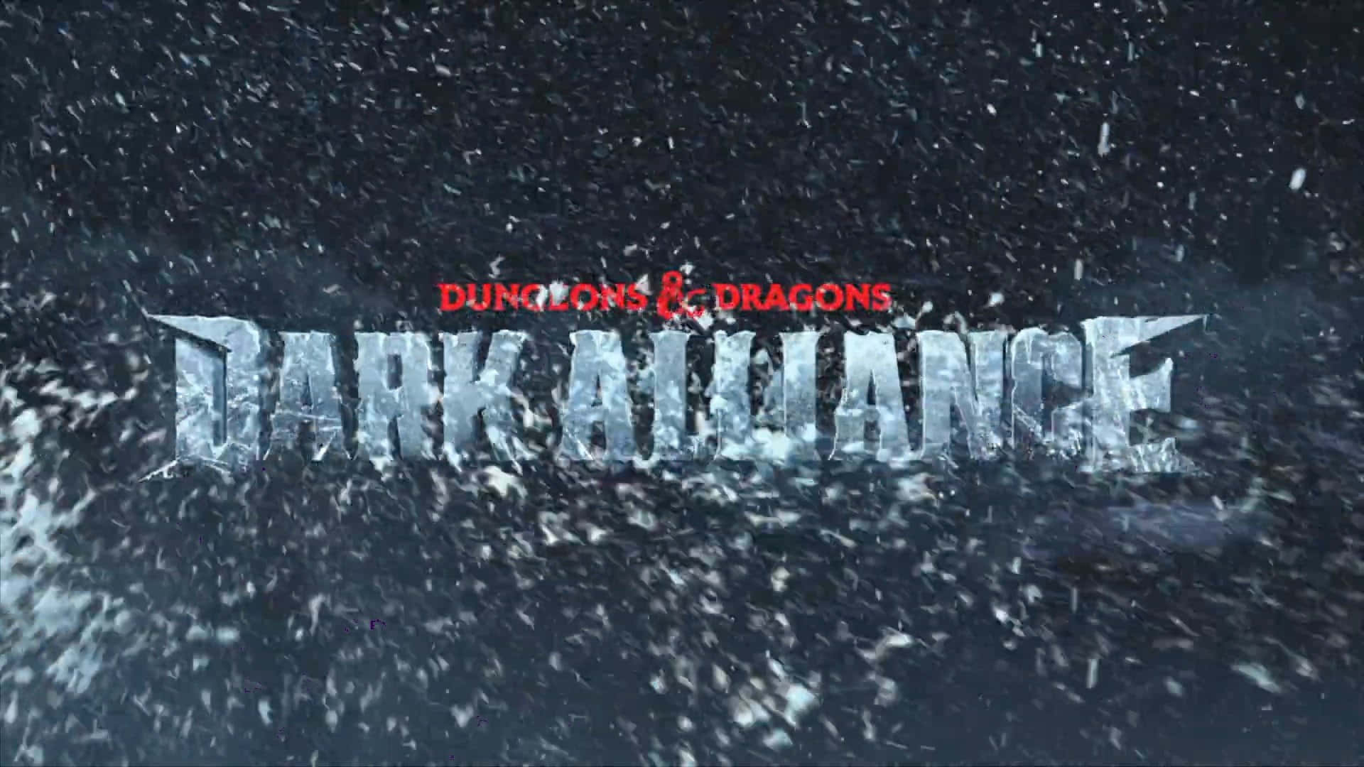 Dark Alliance 桌布 壁紙 — 《Dungeons & Dragons Dark Alliance》的標題以冰凍字體出現在風暴般的黑暗背景上，雪花飄落。