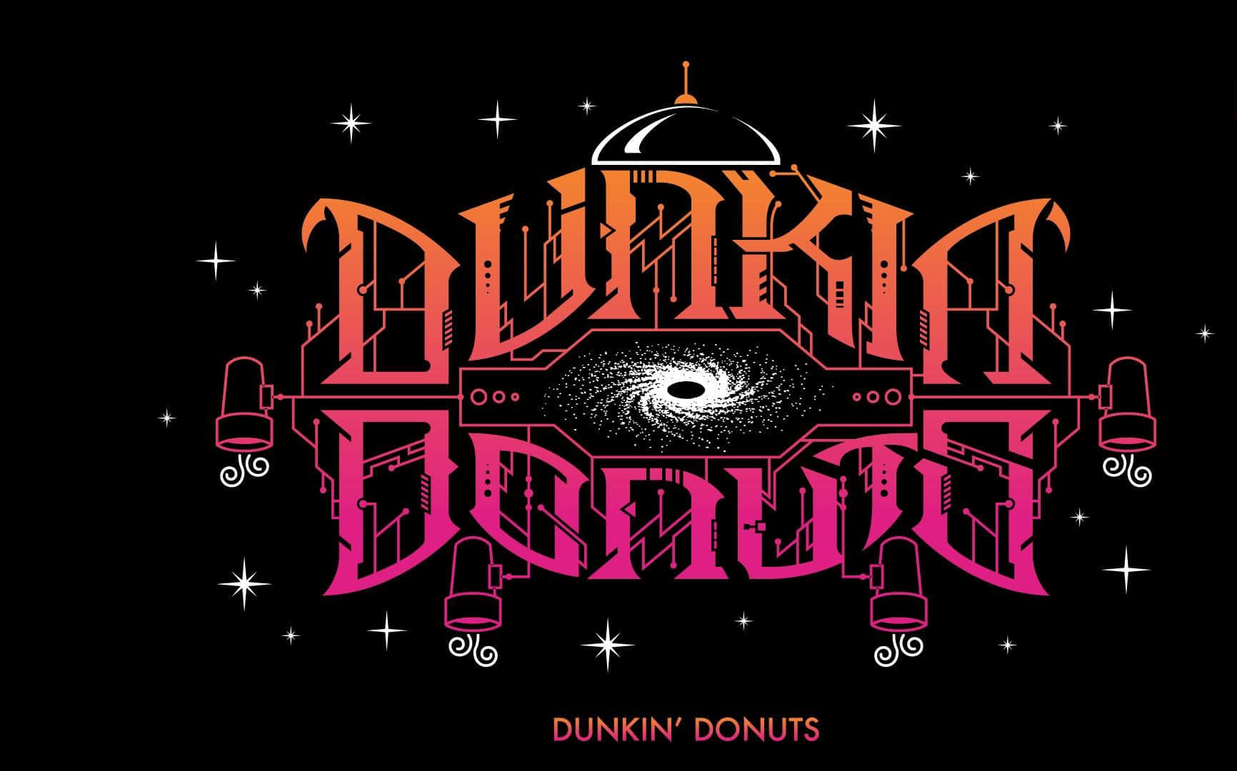 Dunkin Donuts 桌布 壁紙 — Dunkin' Donuts 大膽的復古未來主義標誌，帶有宇宙之眼和螢光粉紅橙色文字，背景為黑色星空。