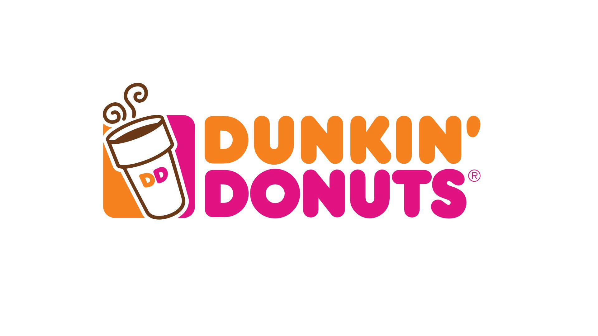 donuts 桌布 壁紙 — Dunkin' Donuts 標誌，白色背景上有一個冒煙的咖啡杯和粗體的橙粉紅色文字。