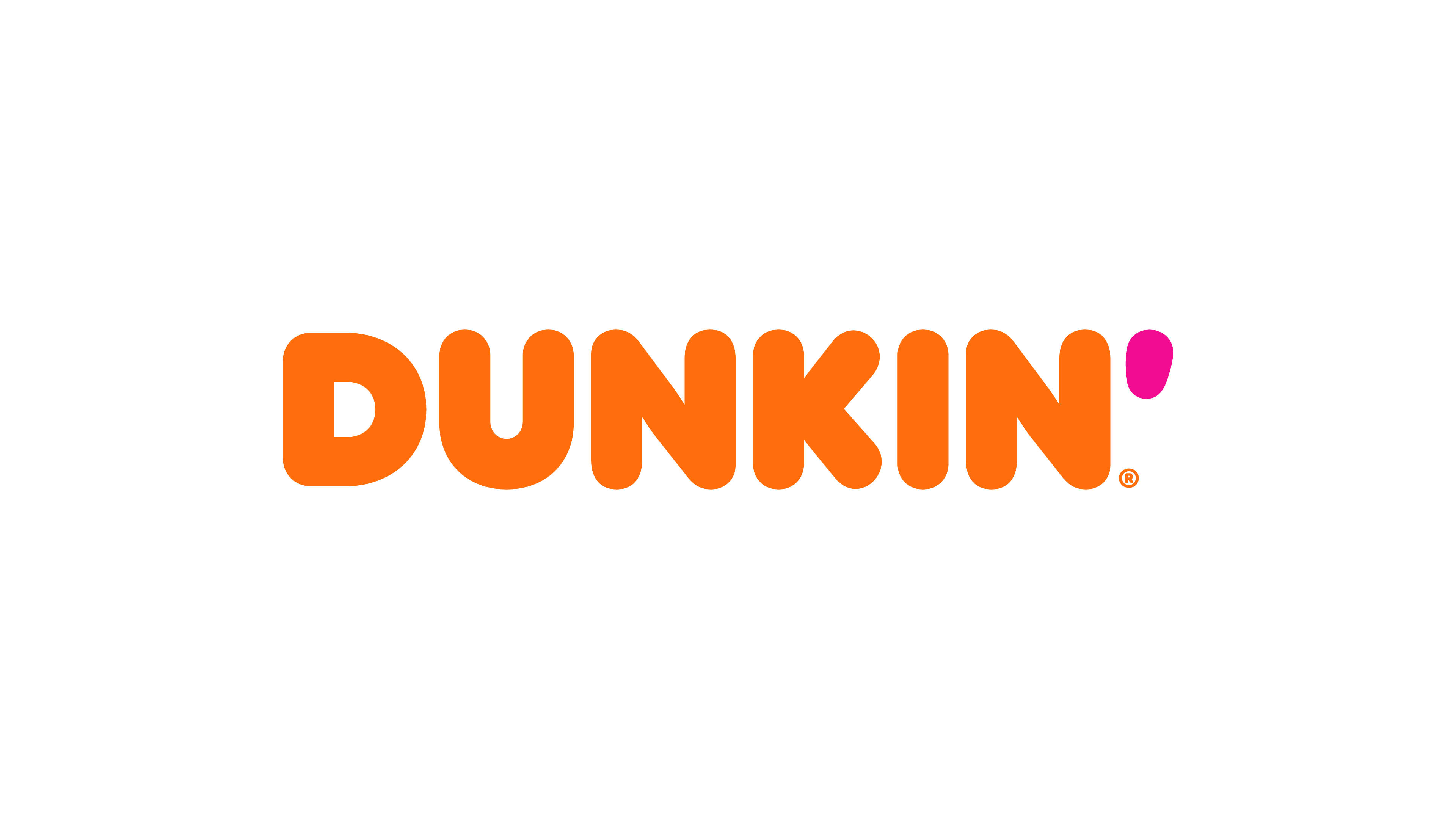 donuts 桌布 壁紙 — Dunkin' 標誌以粗體橙色字母和粉紅色撇號呈現，背景為純白色。